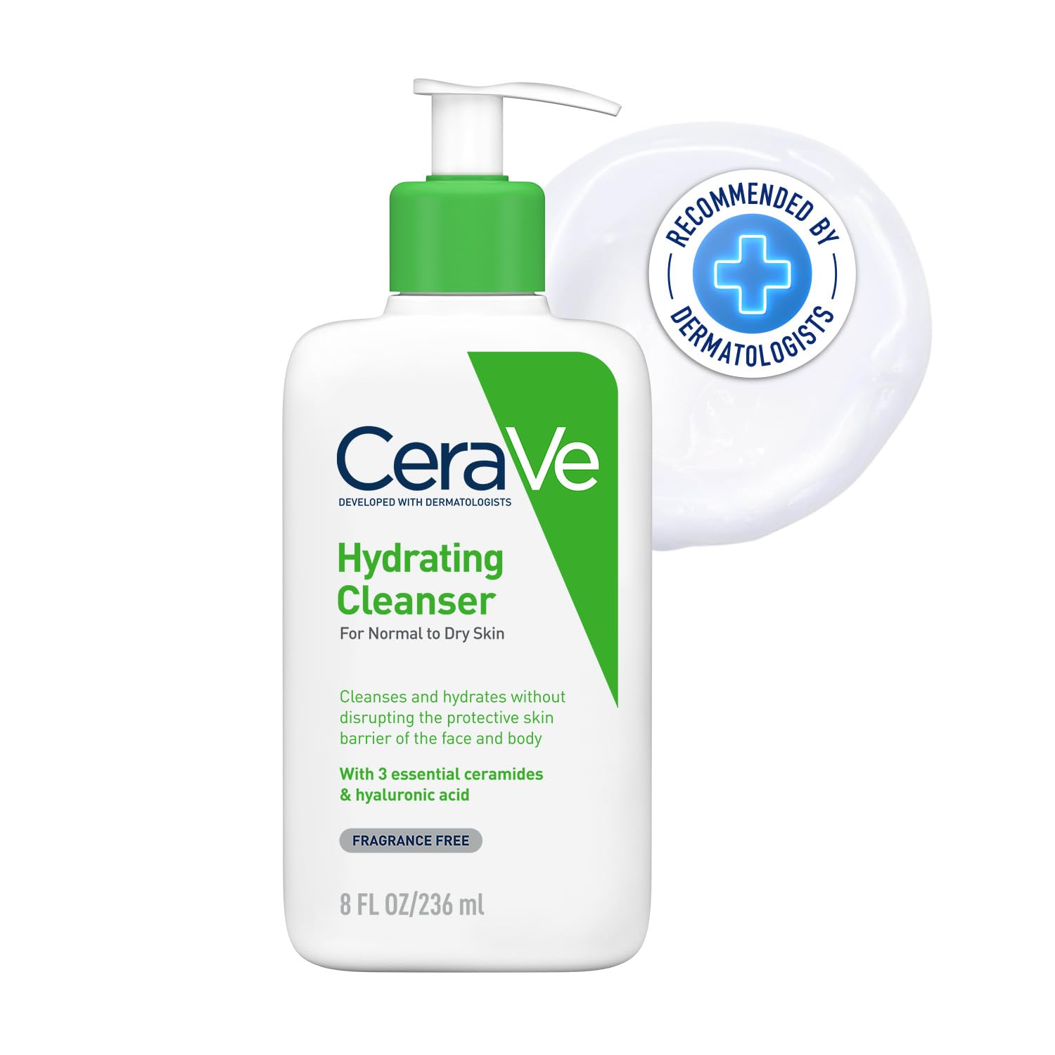 CeraVe Hydrating Cleanser For Normal To Dry Skin (236ml) - Non-Foaming Face Wash with Hyaluronic Acid And Ceramides | Non-Comedogenic, Non-Irritating And Fragrance-Free Cleanser