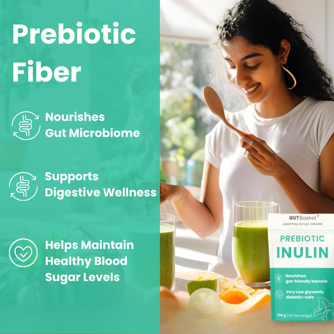 Gutbasket Pure Inulin Powder (250g) - Prebiotic Fiber for Gut Health & Digestive Wellness - Vegan, Non-GMO, Gluten-Free - Ideal for Smoothies, Coffee, and Baking