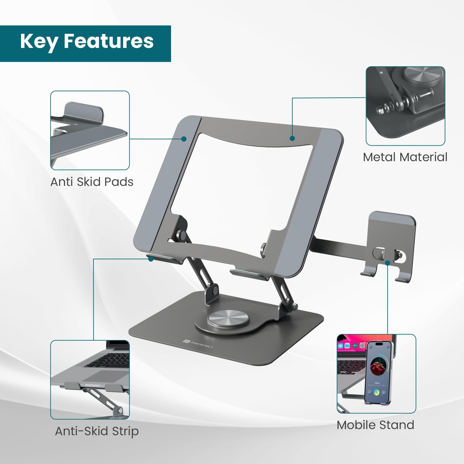 Portronics My Buddy K9 Pro 2-in-1 Laptop & Phone Stand with 360° Rotating Base, Adjustable Height & Angle, Foldable Metal Design, Heat Dissipation, Universal Fit for 10–15.6” Laptops