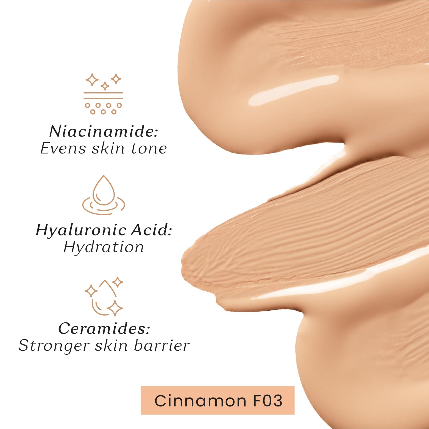 Color Cupid Truly Me Liquid Foundation | High Coverage, Easy Blend | Everyday Comfort, Longwear, Second skin finish | Triple power of Niacinamide, Ceramides and Hyaluronic Acid | Cinnamon | 30ml