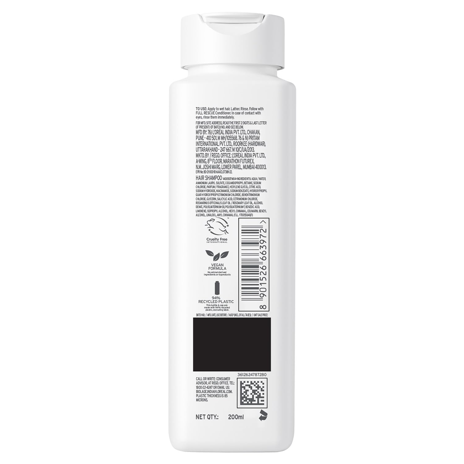 Biolage Professional Full Rescue Anti-Hairfall Shampoo | 74% resistance to Hairfall | With Rosemary Oil & Niacinamide | For Women & Men | Vegan & Cruelty-Free | 200ml