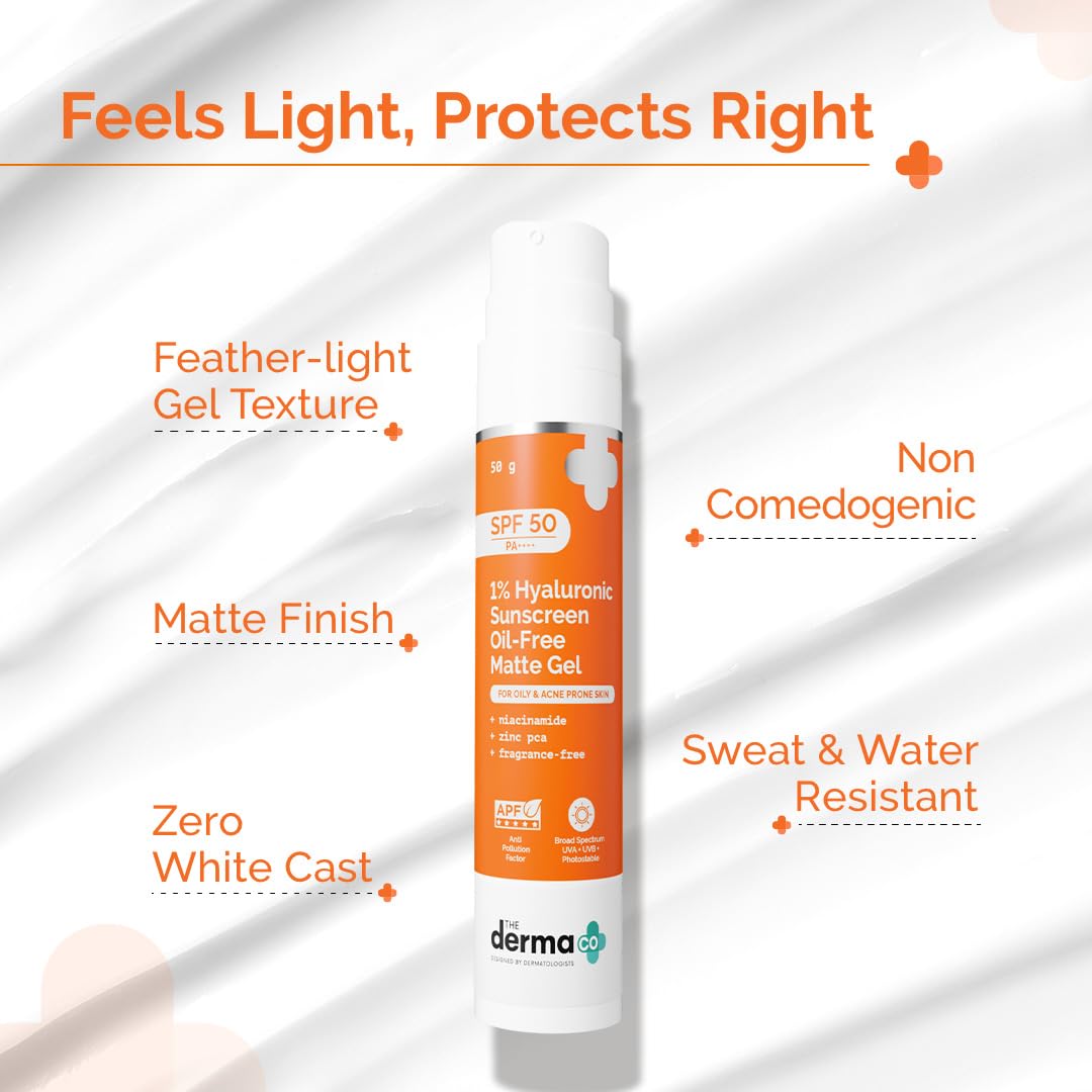 The Derma Co 1% Hyaluronic Sunscreen Oil-Free Matte Gel SPF 50 PA++++ | For Oily, Acne-Prone Skin | Lightweight Texture | No White Cast | Broad Spectrum Protection & Blue Light Protection