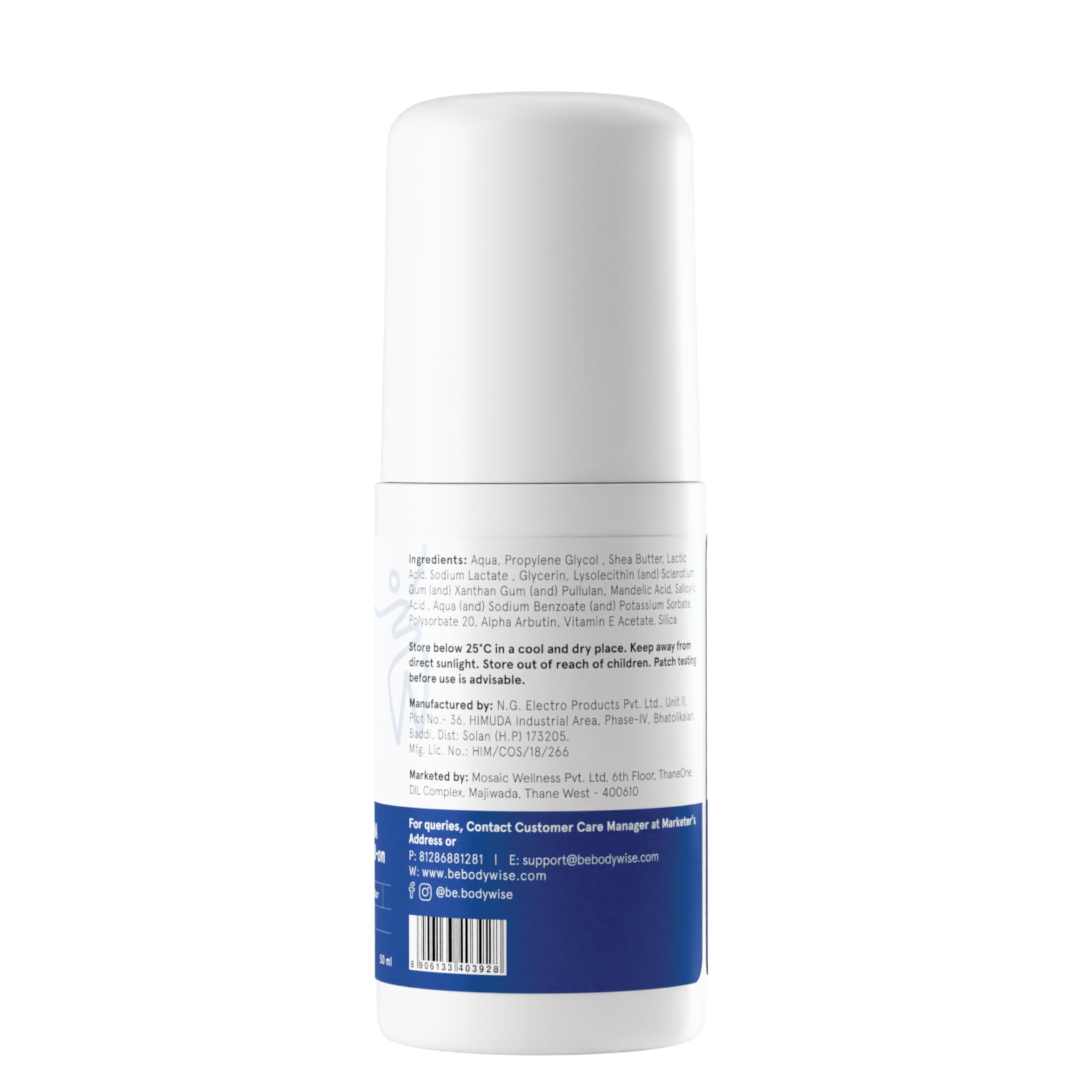 Be Bodywise 4% Aha Bha Underarm Roll On 50ml | 2% Lactic Acid, 1% Mandelic Acid, 1% Salicylic Acid | Controls Odour & Reduces Pigmentation for even tone | 0% Alcohol & 0% Aluminium | Fragrance Free