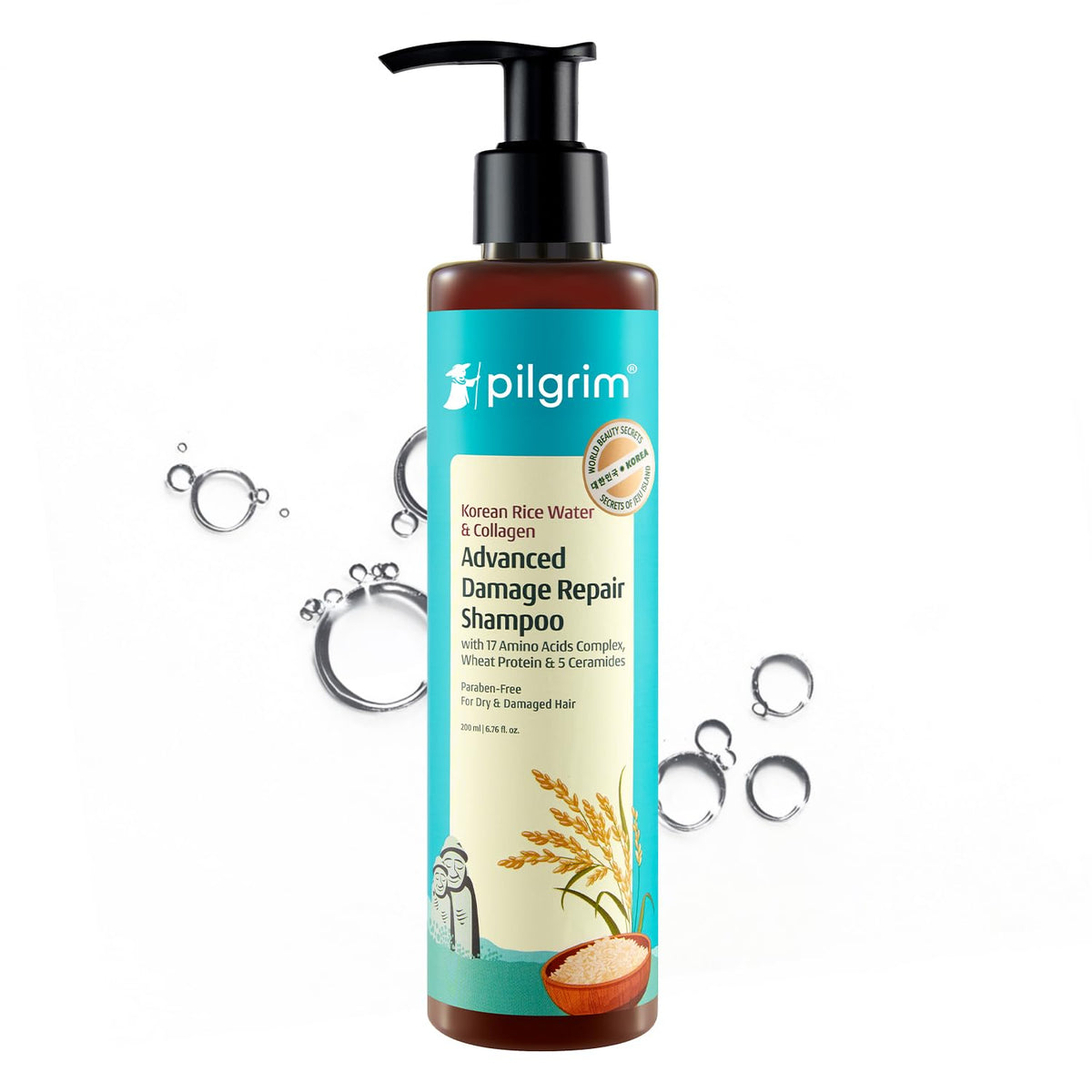 Pilgrim Korean Rice Water & Collagen Advanced Damage Repair Shampoo - 200ml | with 17 Amino Acids, Wheat Protein & 5 Ceramides | Paraben-Free | For Dry & Damaged Hair | For Women and Men