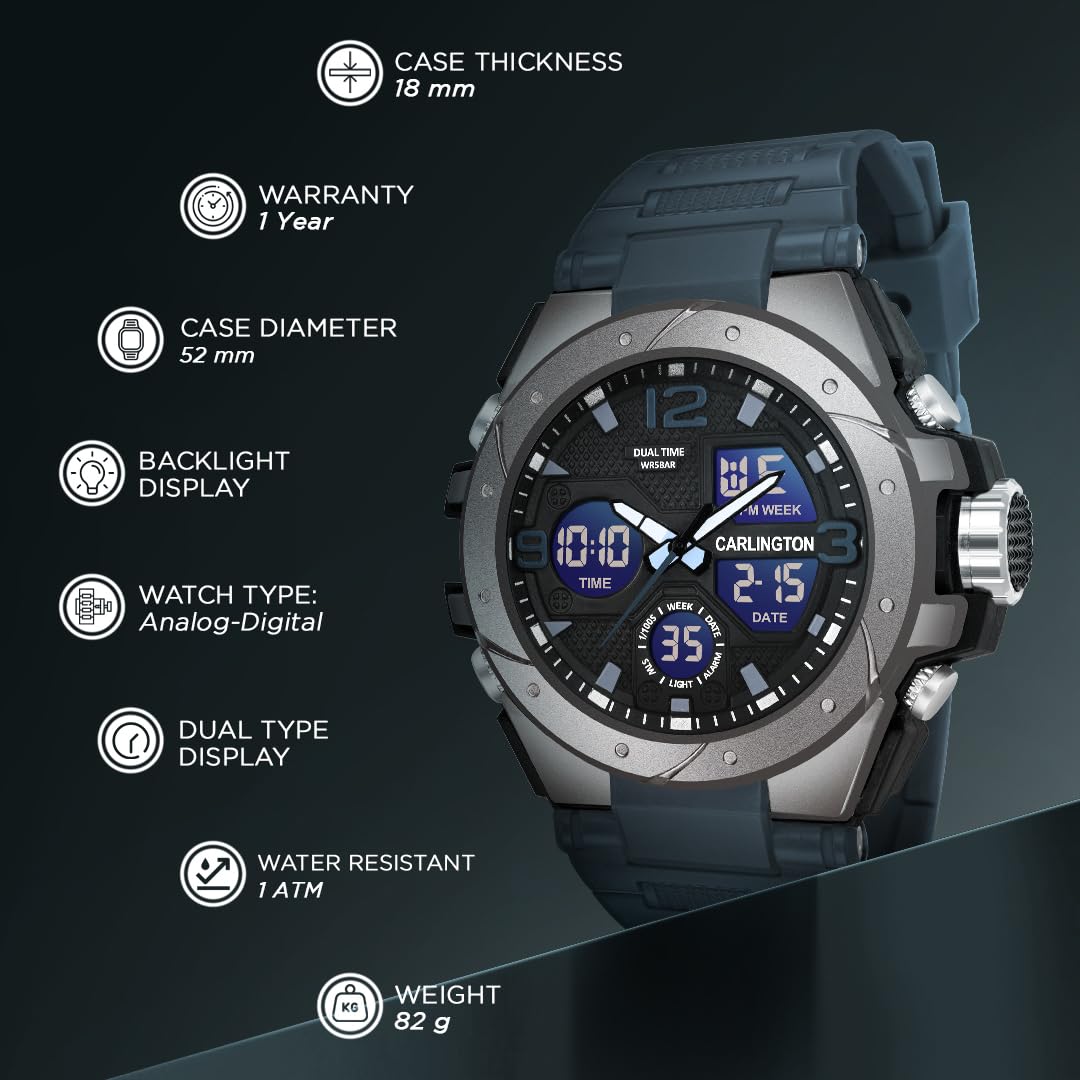 Carlington Resin Endurance Analog-Digital Sports Watch for Men and Boys - CT9105 Series One (Silver, Teal)