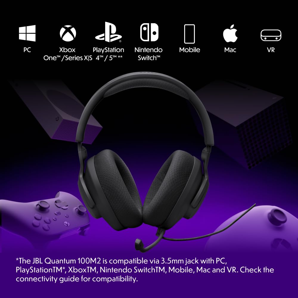 JBL Quantum 100M2 Wired Gaming Headphones, Supports Windows sonic spatial audio, 40mm Realistic Dynamic Drivers, Omnidirectional Detachable Mic, Breathable Memory Foam cushions, PC/Xbox/PS/3.5mm-Black