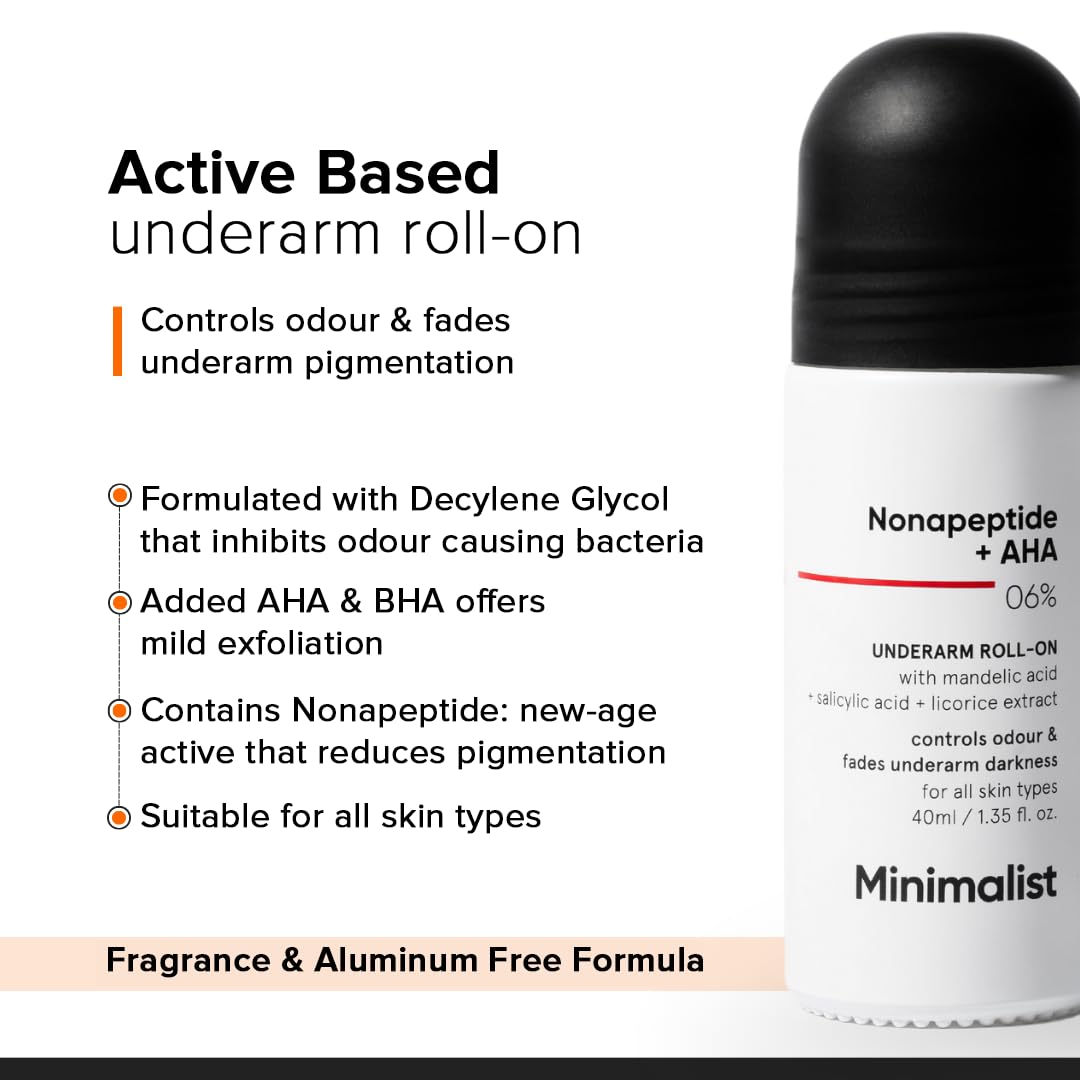 Minimalist Underarm Roll On Deodorant with Nonapeptide + AHA BHA 06% | Controls Odour & Fades Darkness | Fragrance & Aluminium Free | Exfoliating Deo For Women & Men | 40ml