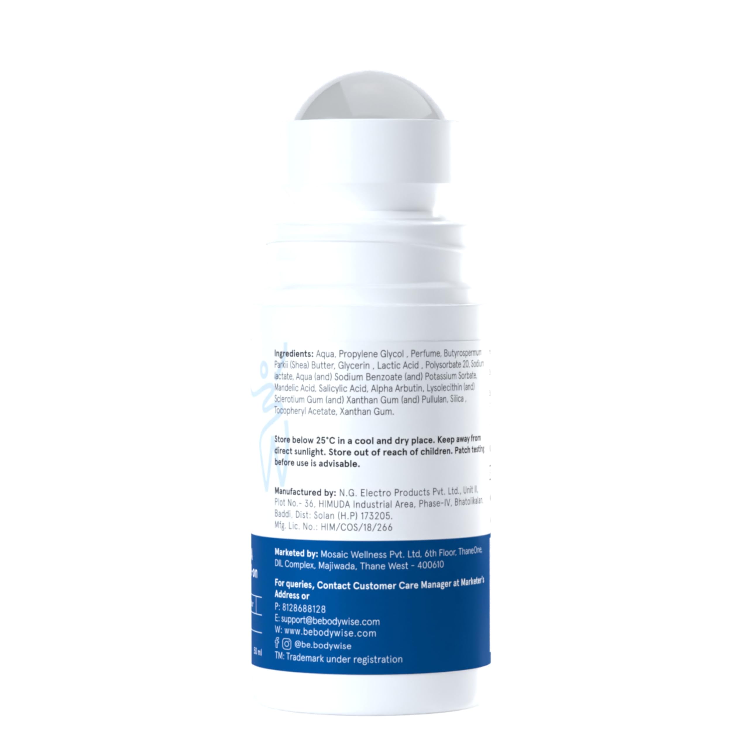Be Bodywise 4% AHA BHA Underarm Roll-on for Even Tone Skin,Reduces Body Odor & Pigmentation | 2% Lactic Acid, 1% Mandelic Acid, 1% Salicylic Acid | 0% Alcohol & 0% Aluminium | Oudh Fragrance, 50ml