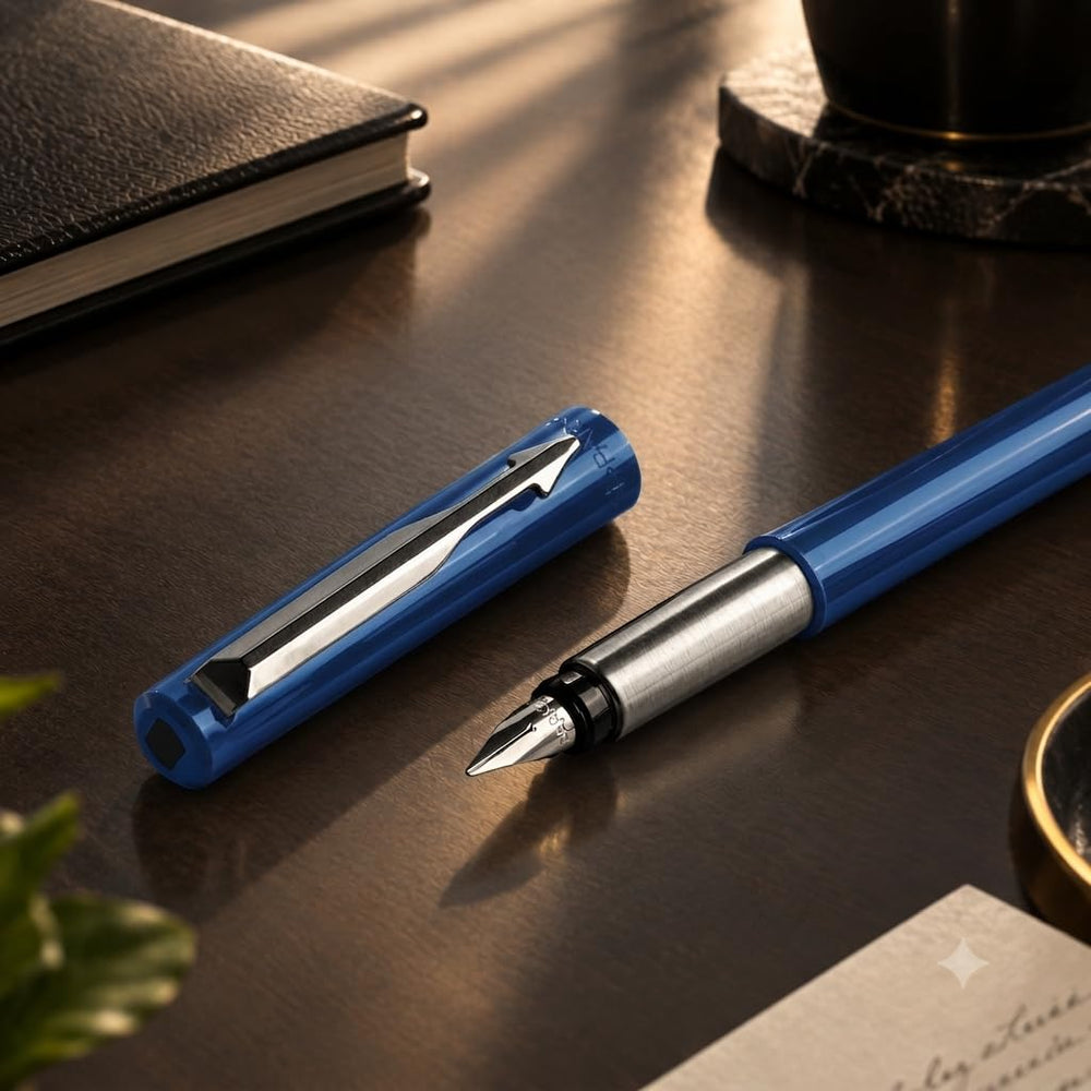 Parker Vector Standard Chrome Trim Calligraphy Fountain Pen | 7-Piece Set containts 2 Nibs, 2 Blue & 2 Black Ink Cartridges | Ideal for Creative Writing & Fine Detailing | Glammy.lk