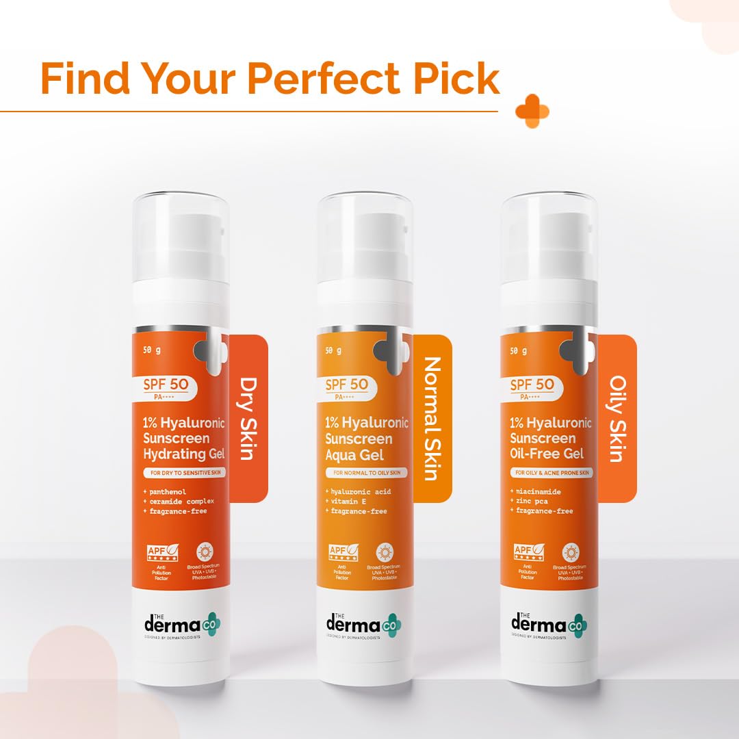 The Derma Co 1% Hyaluronic Sunscreen Aqua Gel SPF 50 PA++++ | Hyaluronic Acid for Deep, Long Lasting Hydration | Ultra Lightweight Texture I Non-Greasy, No White Cast | Broad Spectrum Protection & Blue Light Protection | 50g