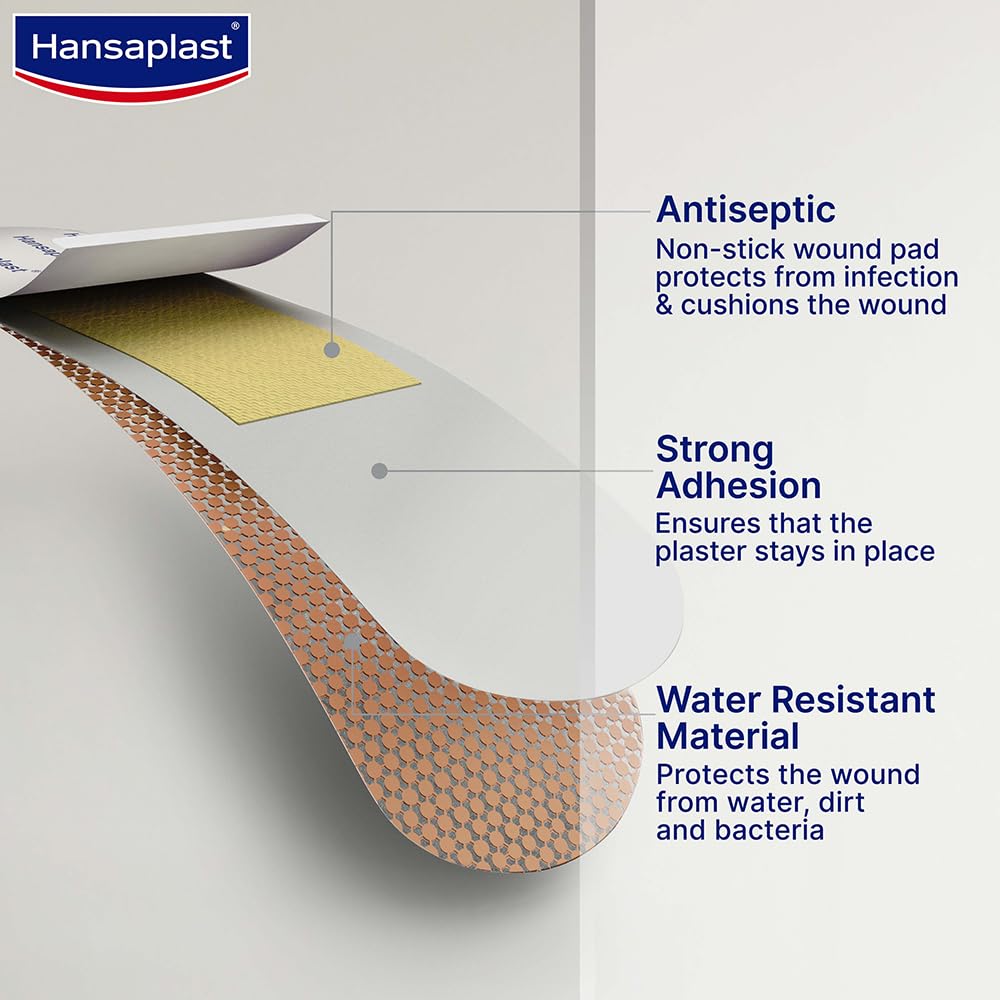 Hansaplast Antiseptic Washproof Bandage for injury & wounds | 100 Strips | First Aid | Water resistant | Provides Comfort to the Wound in Water | For Kids & Adults