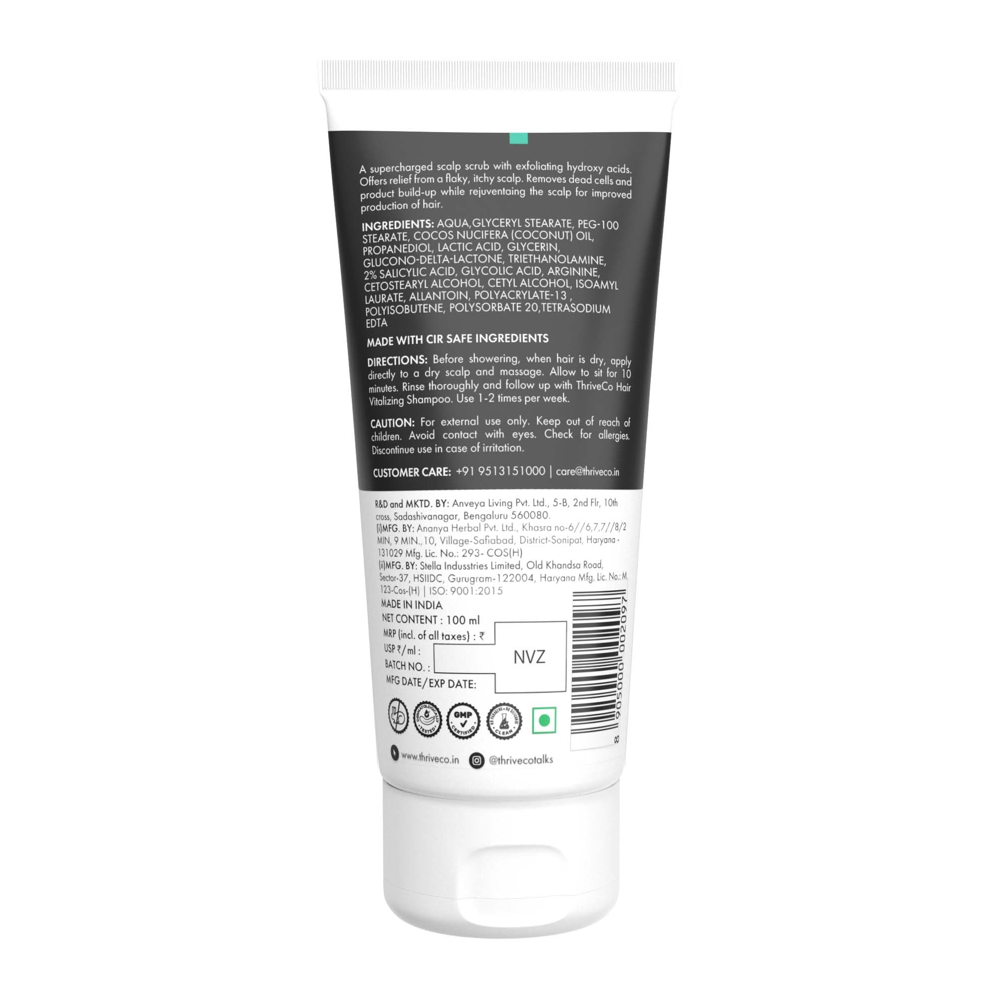 ThriveCo AHA BHA PHA Exfoliating Scalp Scrub | Clears Dandruff, Dead Skin, Oil & Product Buildup And Promotes Hair Growth | Acts On Dry, Flaky & Itchy Scalp | For Men & Women | 100ml