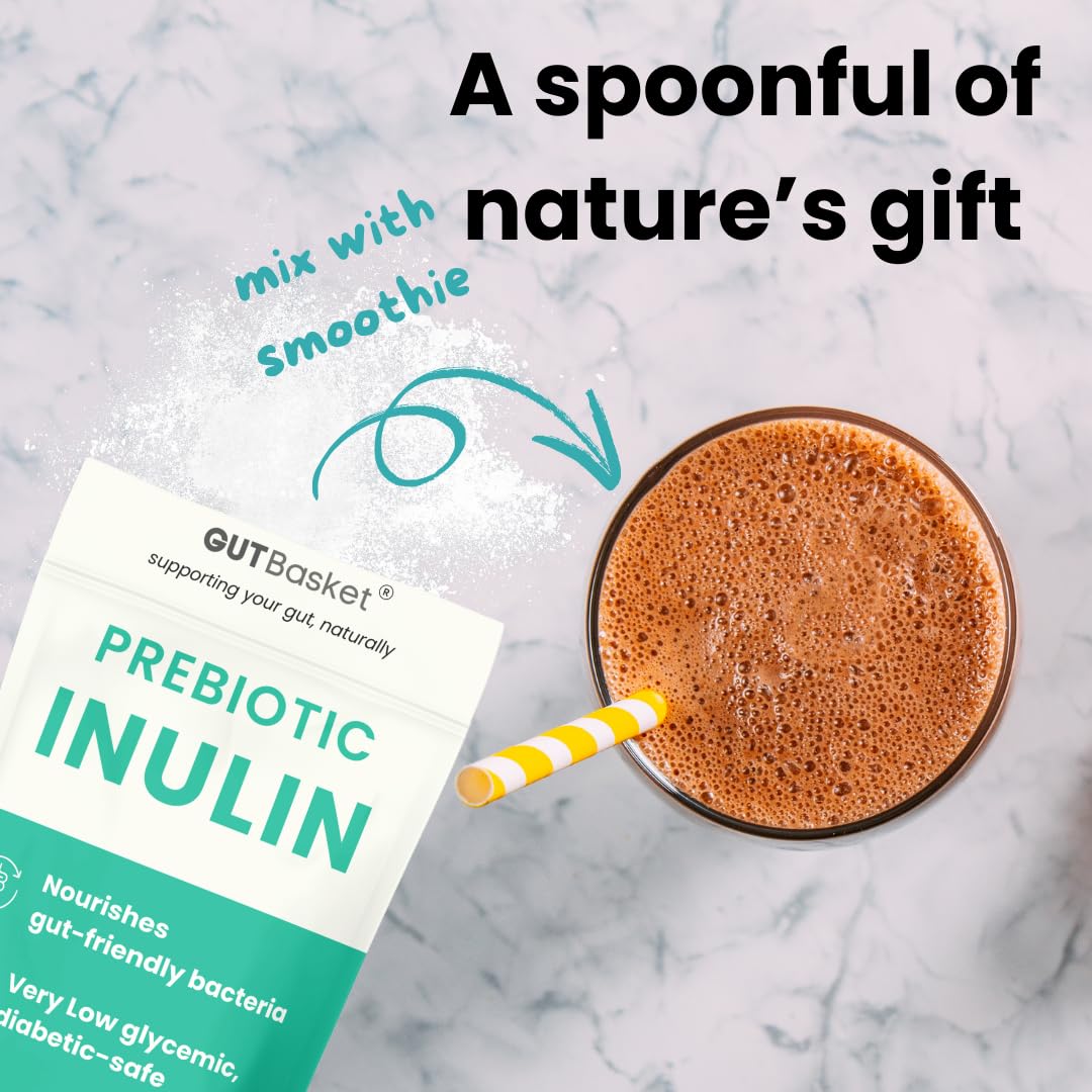 Gutbasket Pure Inulin Powder (250g) - Prebiotic Fiber for Gut Health & Digestive Wellness - Vegan, Non-GMO, Gluten-Free - Ideal for Smoothies, Coffee, and Baking