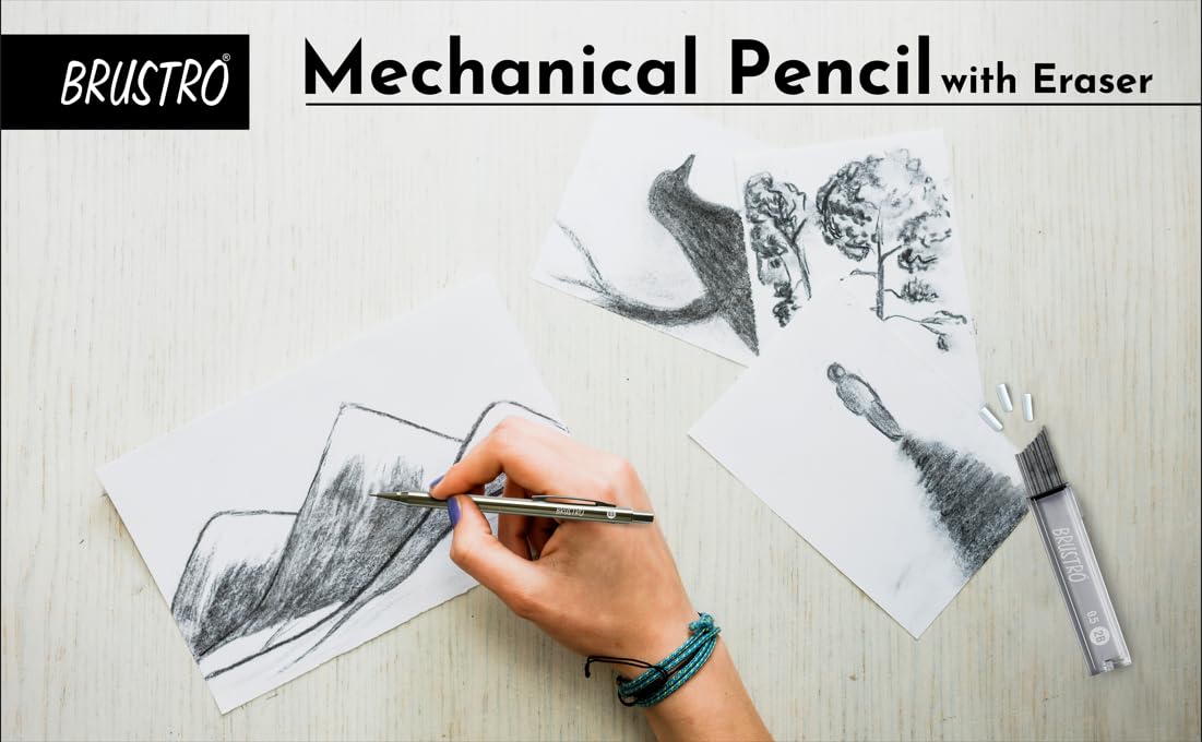 BRUSTRO Mechanical Pencil Set | HB-20 Leads, 2B-20 Leads, Spare Eraser 8 Units | Tip size 0.7 mm | Ideal for Students,Adults, Home, School, Office, Stationery Use