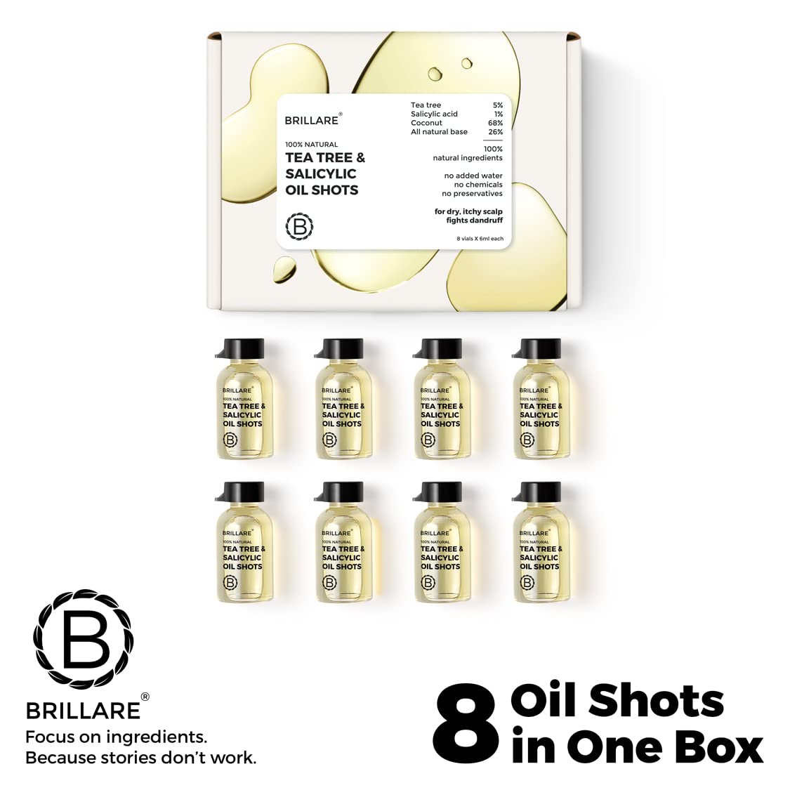 Brillare 5% Tea Tree Hair Oil Shots for Dandruff & Itchy Scalp with 1% Salicylic Acid | Visible Dandruff Reduction & Itch Control from 1st Application | 88% Increased Scalp Hydration