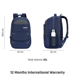 Safari Omega Pro 35L Laptop Backpack With Raincover, 3 Compartments, Bottle Holder, Organizer, School Bag For Boys And Girls, College Bag For Unisex, Office Bag, Travel Bag, Color- Blue