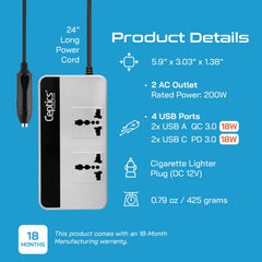 Ceptics 200W Car Laptop Charger/Power Inverter with 2 USB(3.1A Max) + 1 C Type(1 * 18W PD) Smart USB Charging Ports, 12V DC to 220V AC, 2X Universal AC Outlet, Grey