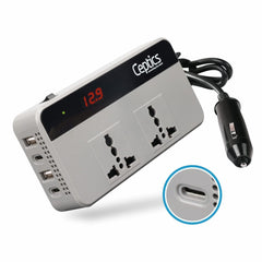 Ceptics 200W Car Laptop Charger/Power Inverter with 2 USB(3.1A Max) + 1 C Type(1 * 18W PD) Smart USB Charging Ports, 12V DC to 220V AC, 2X Universal AC Outlet, Grey