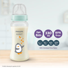 Philips Avent Grow Plastic Feeding Bottle | Anti-Colic | Easy Fill,Easy Clean | BPA Free | with 6M+ Flow Teat (330ml) (Penguine with Fishes)