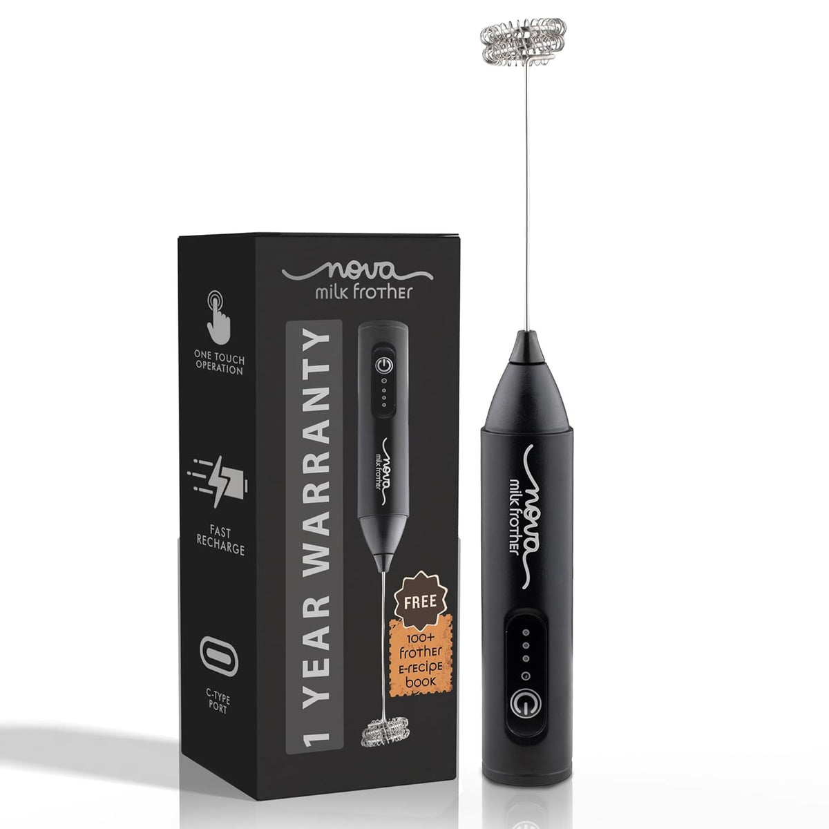 Nova Milk Frother Rechargable Coffee Frother Milk & Beater for Cold Latte 2In1 Handheld Battery-Powered Blender and Egg Whisker | Free Frothy Recipe E-Book (Whisker), Black