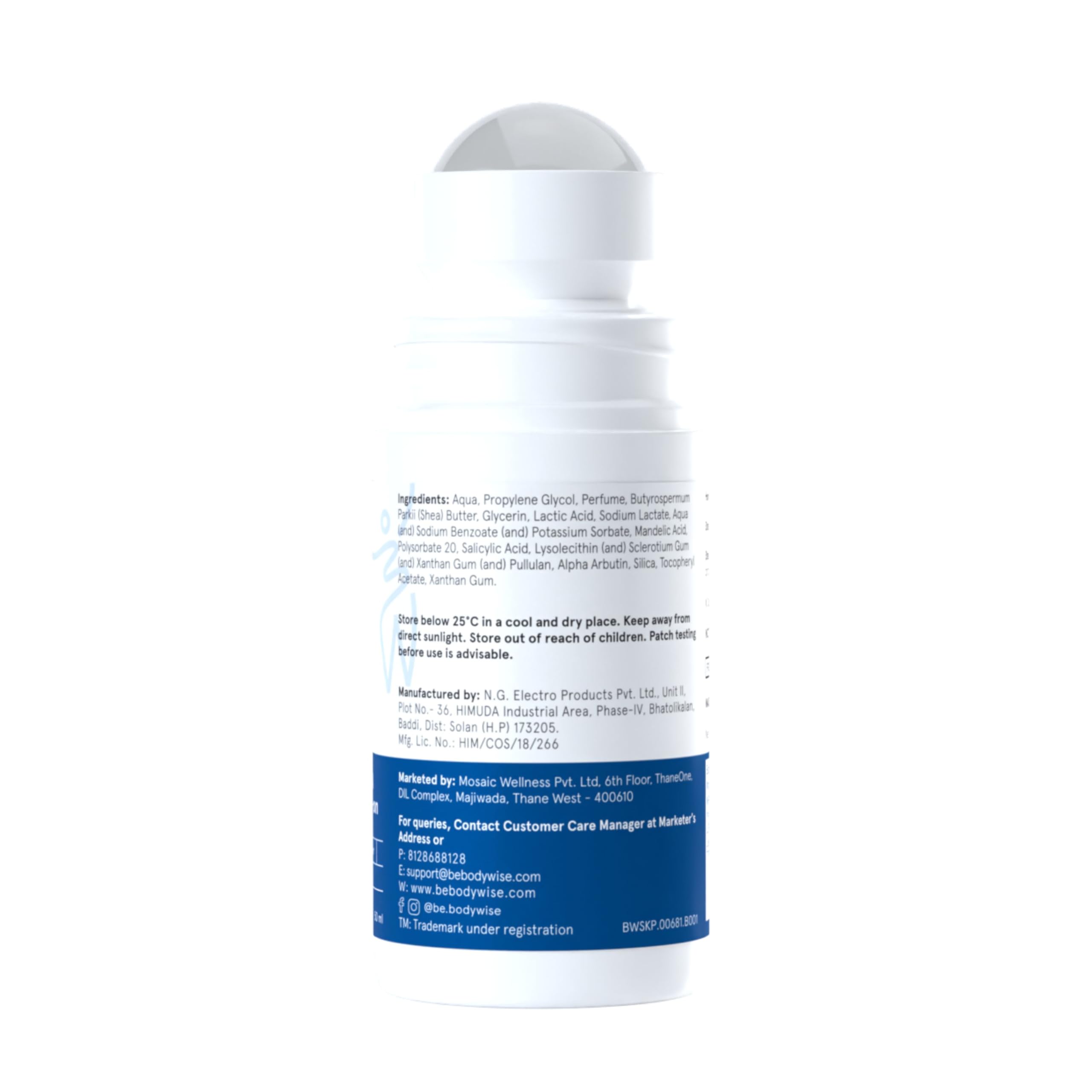 Be Bodywise 4% AHA BHA Underarm Roll-on for Even Tone Skin,Reduces Body Odor & Pigmentation | 2% Lactic Acid, 1% Mandelic Acid, 1% Salicylic Acid | 0% Alcohol & 0% Aluminium | Aqua Fragrance, 50ml
