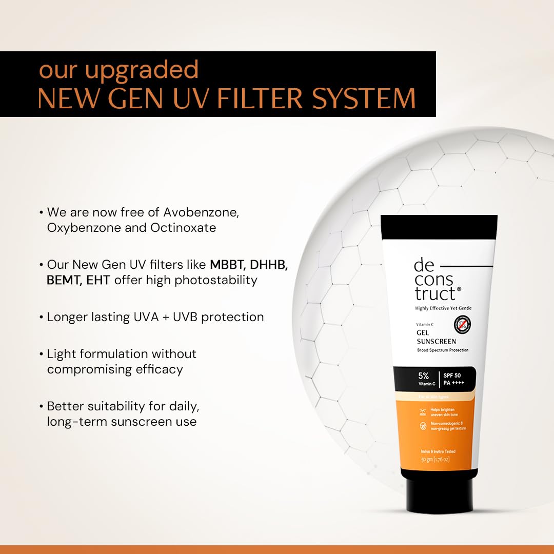 Deconstruct 5% Vitamin C Gel Sunscreen for Oily Skin SPF 50 PA++++ | Brightens Skin Tone | New Gen UV Filters | Lightweight & Non-greasy | In vivo tested | For Men & Women - 50g