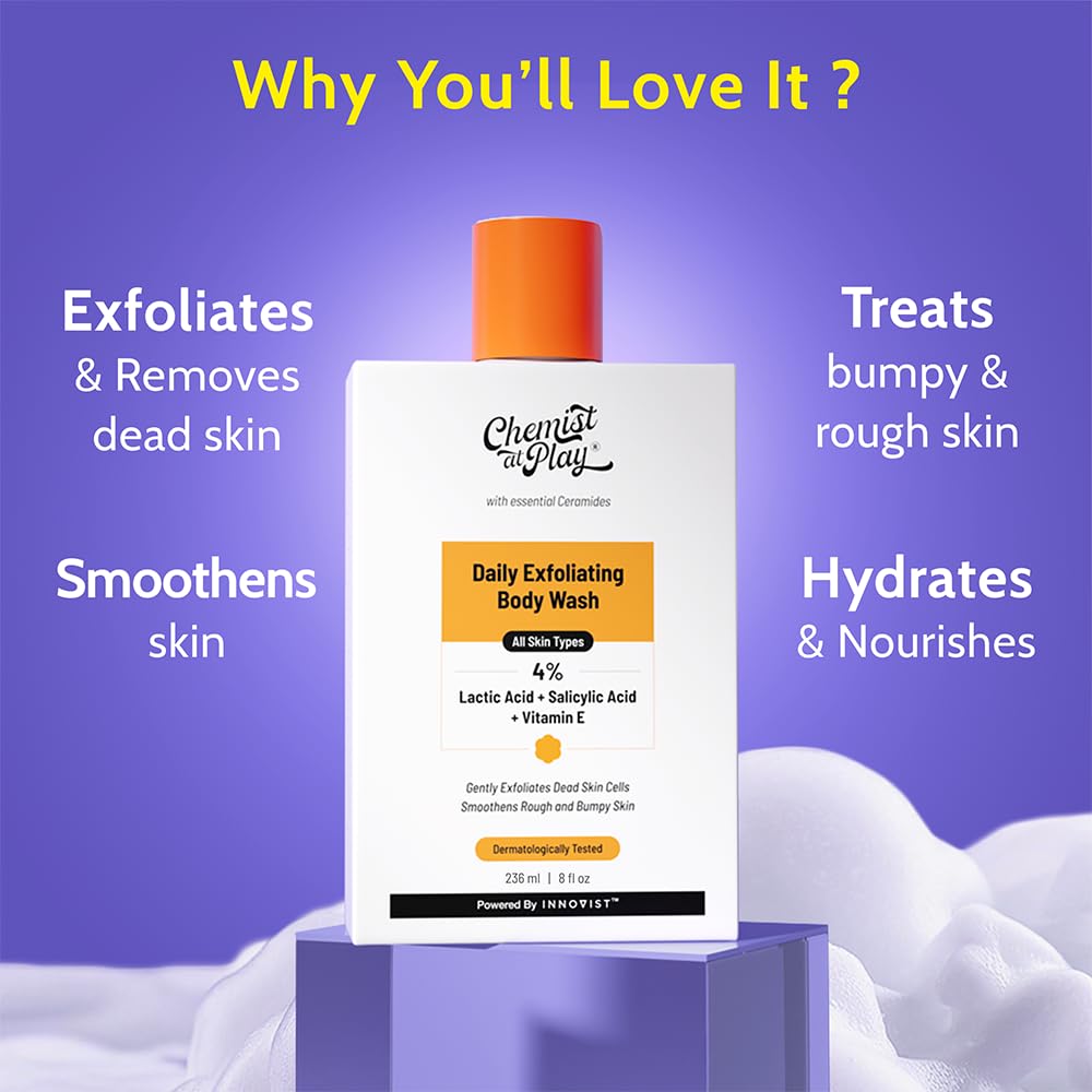 Chemist At Play Exfoliating Body Wash 236ml | Removes Tan, Fights Body Acne, Strawberry Skin | 4% (Salicylic Acid, Vitamin E & Lactic Acid) | Gentle Exfoliating Detan Shower Gel For Women & Men
