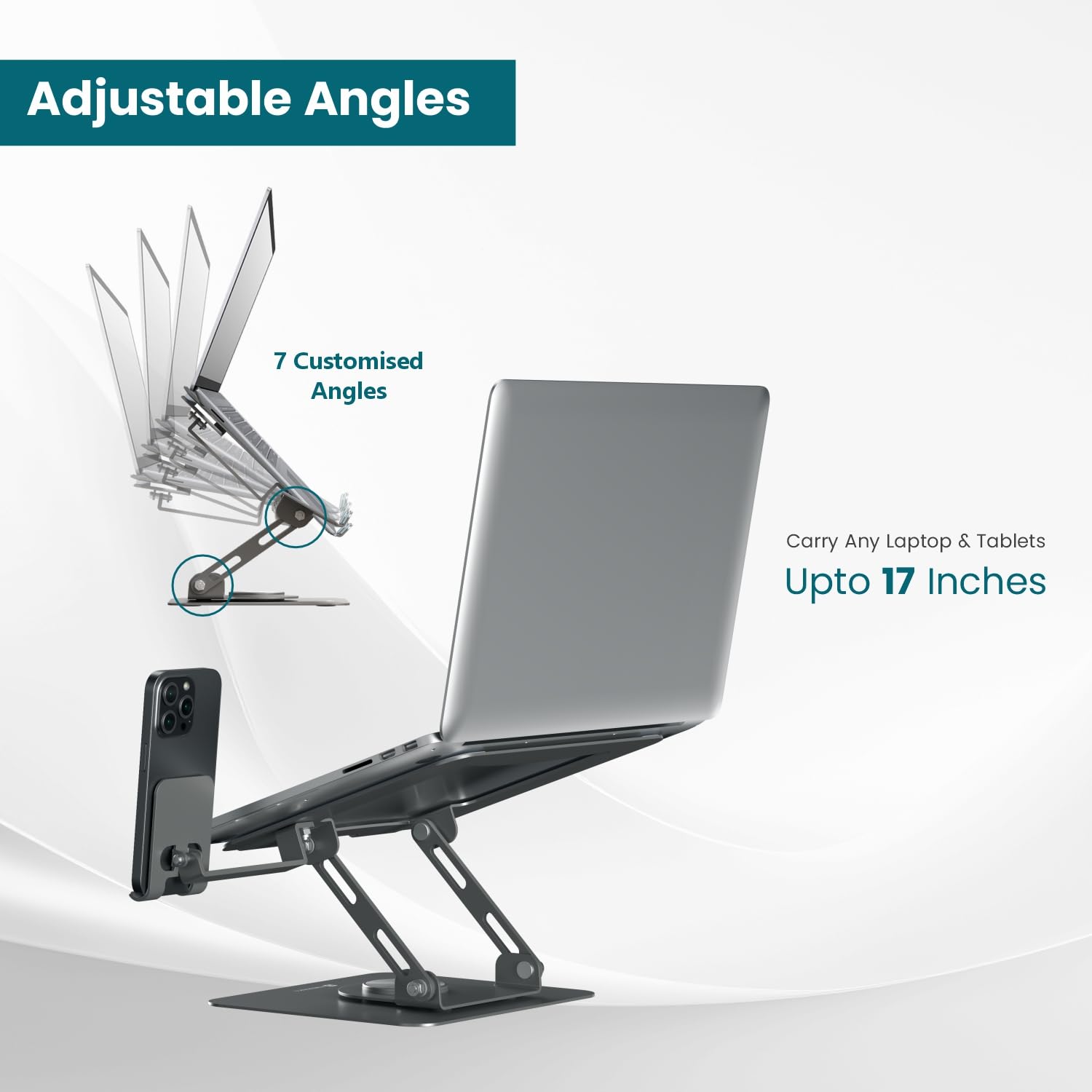 Portronics My Buddy K9 Pro 2-in-1 Laptop & Phone Stand with 360° Rotating Base, Adjustable Height & Angle, Foldable Metal Design, Heat Dissipation, Universal Fit for 10–15.6” Laptops