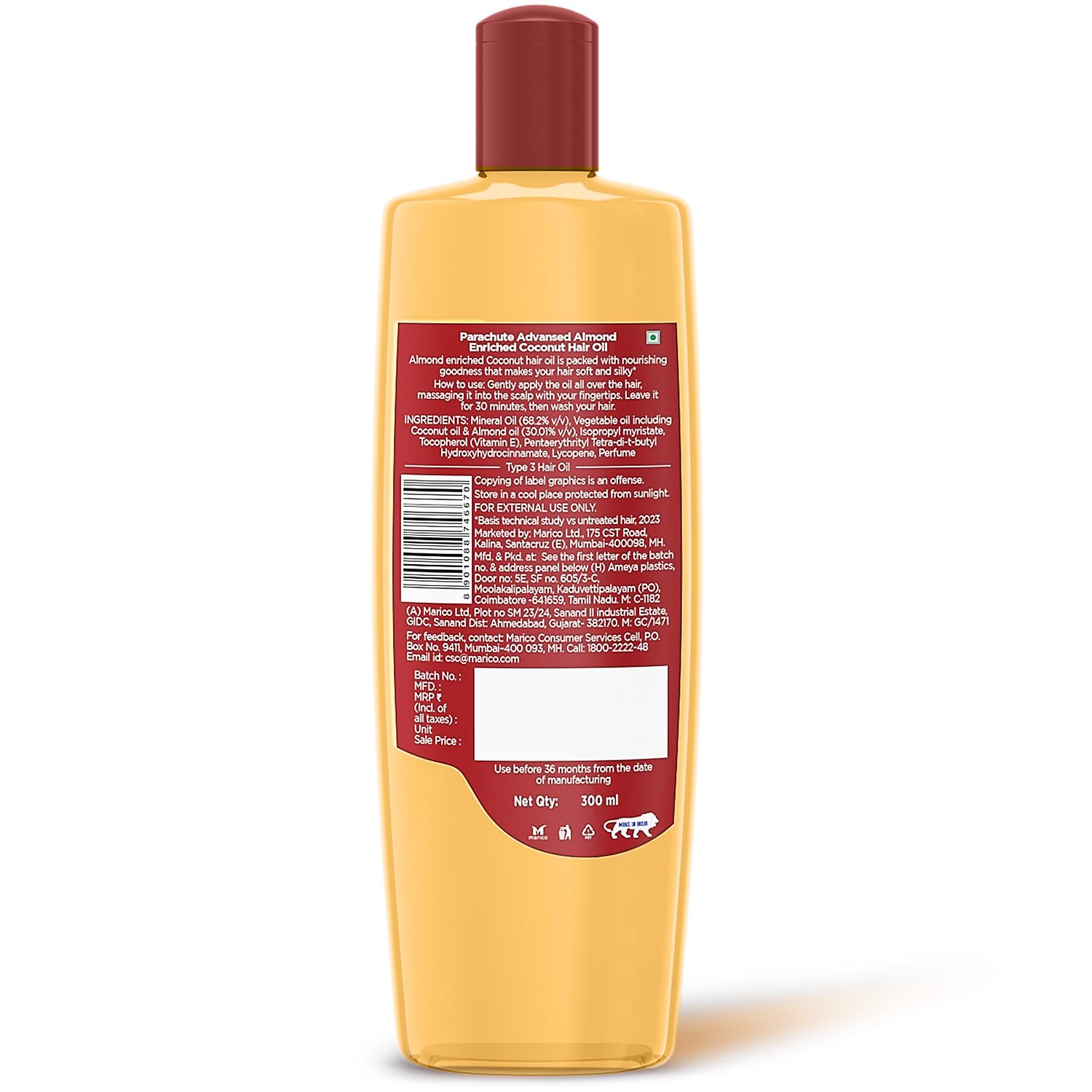 Parachute Advansed Almond enriched Coconut Hair Oil with Vitamin E 300ml|Nourishes & Softens Hair | Helps Control Hair Fall| Helps Promotes Hair Growth | Up to 2x Softer Hair|Non-Sticky Formula