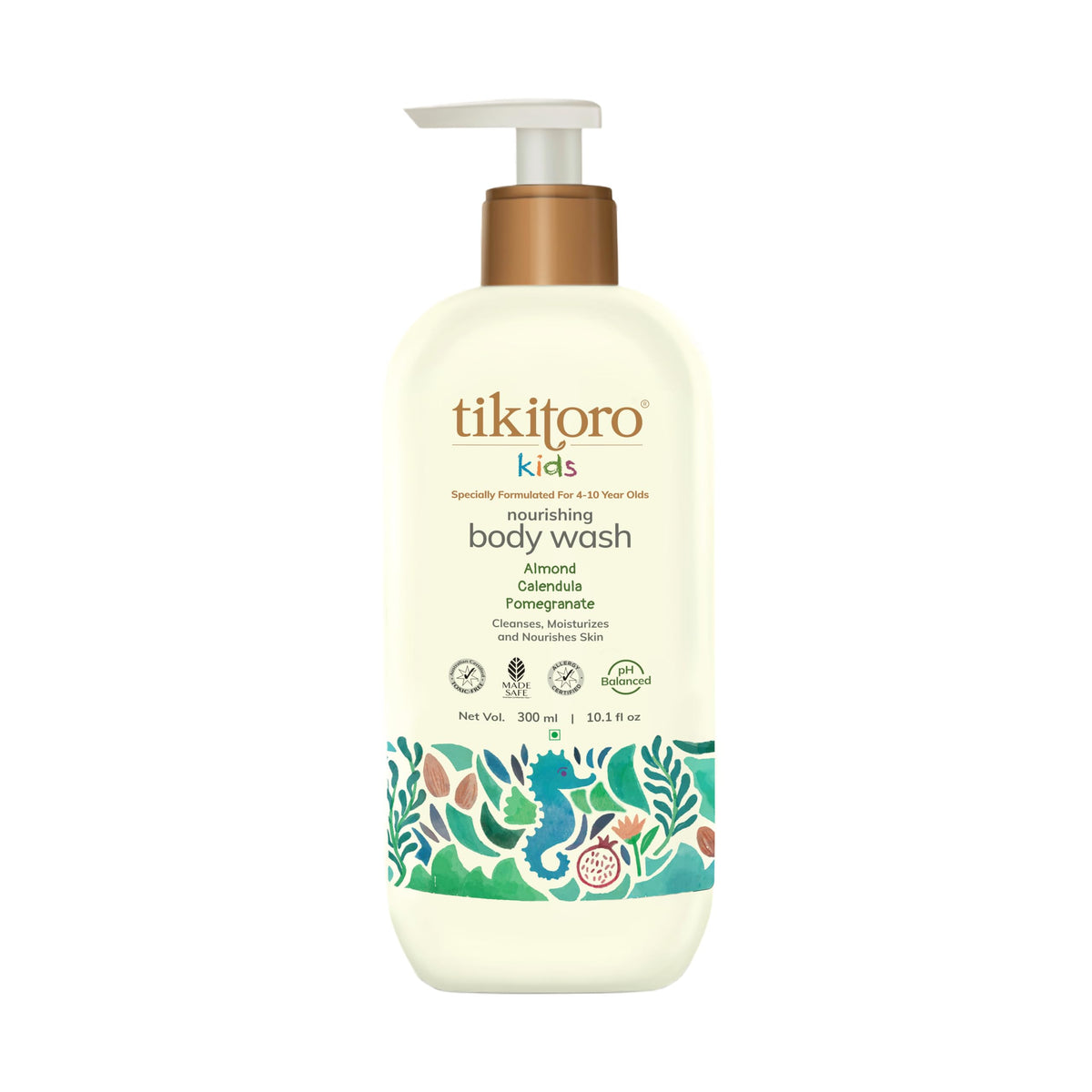Tikitoro Kids Nourishing Body Wash | Pediatrician Approved | Vegan | Cleanses, Moisturizes & Nourishes Skin | Almond, Calendula, Pomegranate Extract | No Parabens & Sulphates, Age 4+ years (300ml)