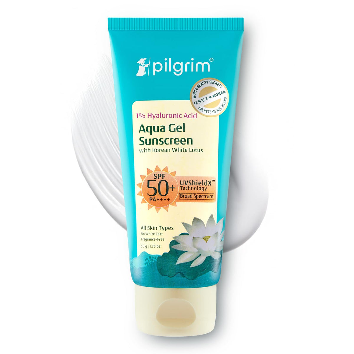 Pilgrim 1% Hyaluronic Acid Sunscreen Gel | Sunscreen SPF 50 +++ for men and women with Korean White Lotus | Broad spectrum, Non-greasy, No white cast & Prevents Tanning | All skin types | 50 gm