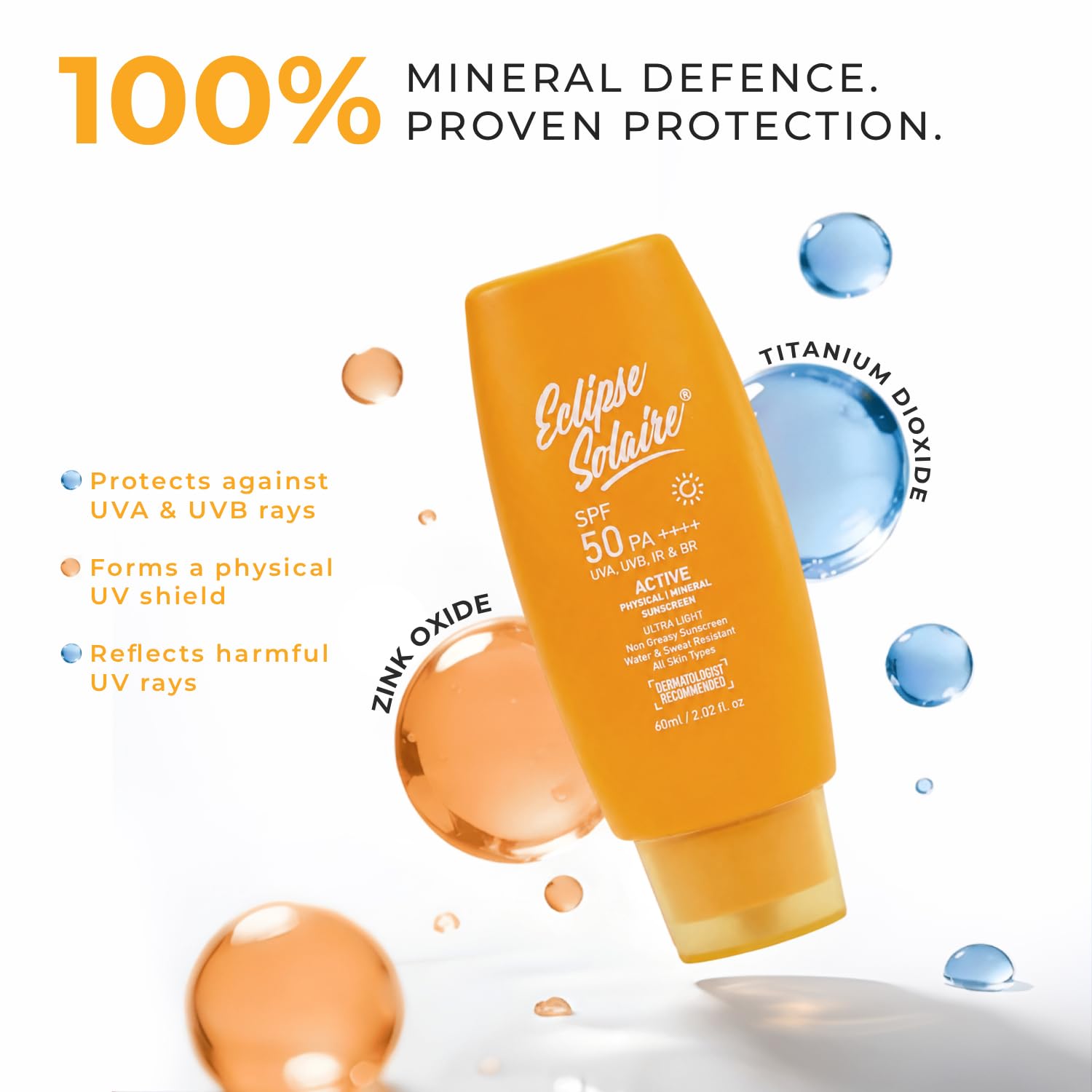 Eclipse Solaire Active Physical / Mineral Sunscreen SPF50 PA++++ | Clinically Tested | No White Cast | Broad Spectrum UVA/UVB & Blue Light Shield | Non-Greasy Sunscreen SPF 50, 60ml.