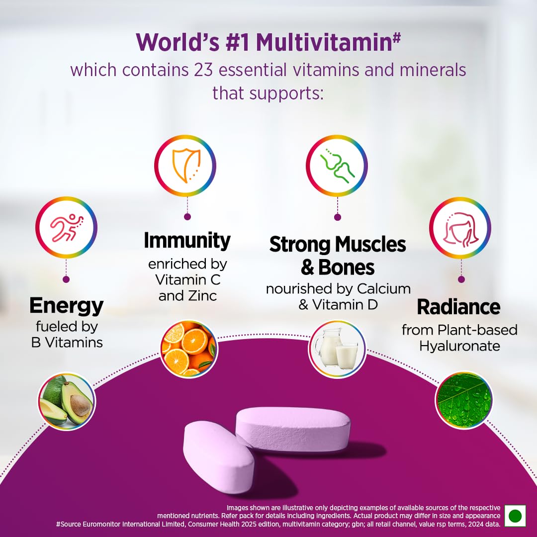 Centrum Women, World'S No.1 Multivitamin With Biotin, Vitamin C & 21 Vital Nutrients For Overall Health, Radiance, Strong Bones & Immunity (Veg) Pack Of 50 Tablets, 73 Grams, 50 Servings