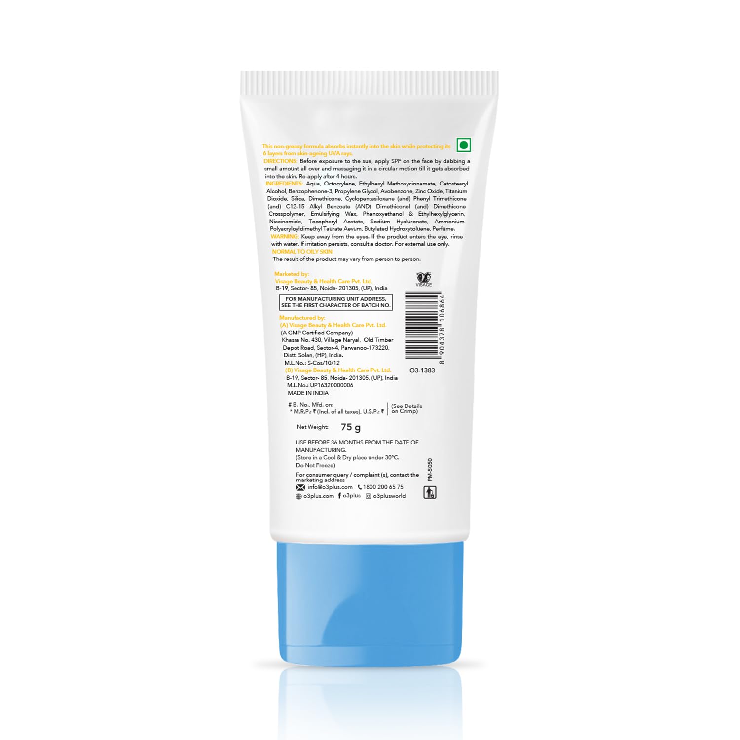 O3+ Super Matte Sunscreen Gel SPF 50 PA ++++ With Niacinamide & Hyaluronic acid Suitable for Normal, Oily and Acne Prone skin for Women and Men | 75g