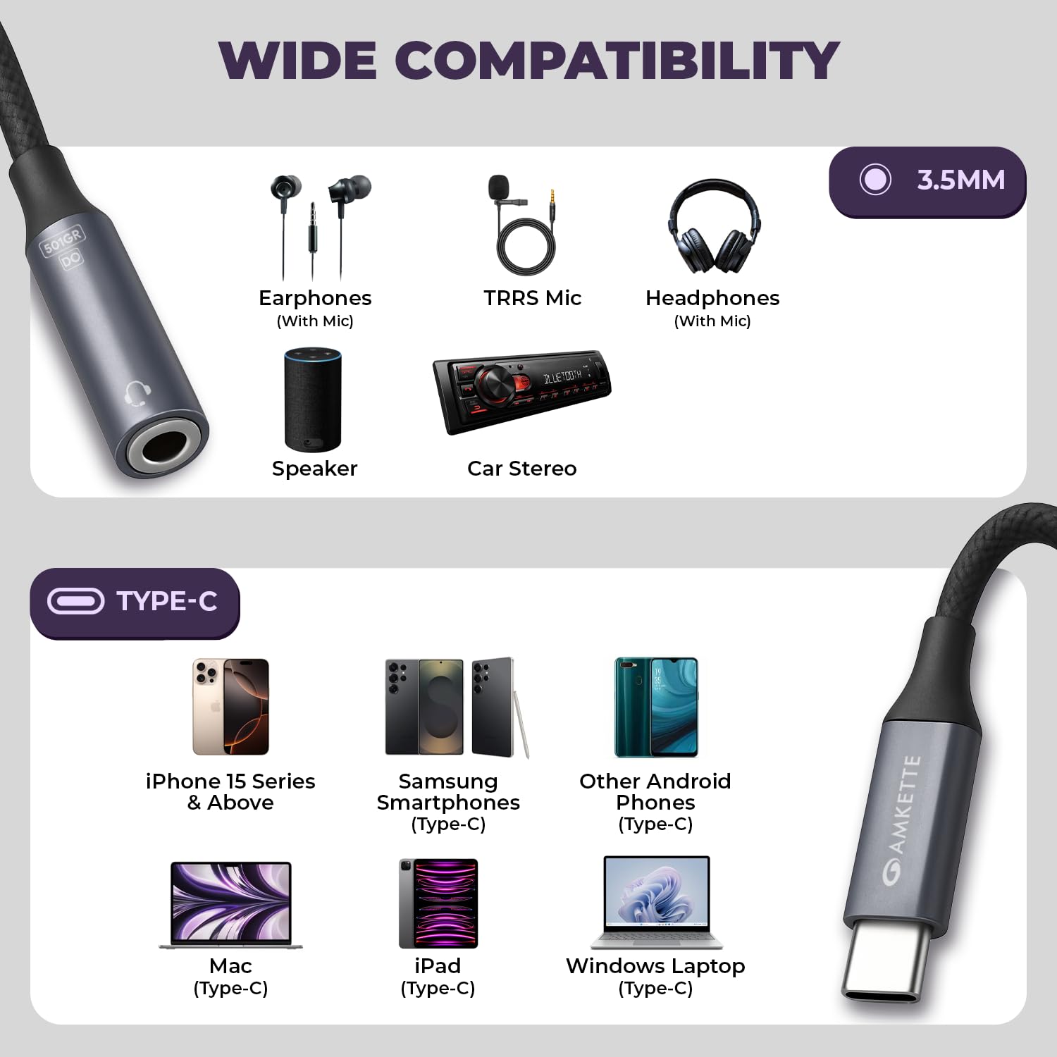 Amkette Type C to 3.5mm Audio Jack Connector | DAC Chipset | Kevlar Braided Cable | Compatible with iPhone 16,15 Series & Other Type C Phones | Premium Aluminum Build | Plug & Play Compatibility