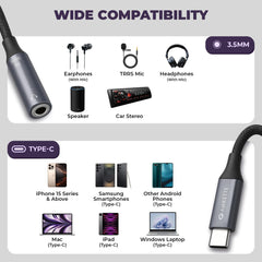 Amkette Type C to 3.5mm Audio Jack Connector | DAC Chipset | Kevlar Braided Cable | Compatible with iPhone 16,15 Series & Other Type C Phones | Premium Aluminum Build | Plug & Play Compatibility
