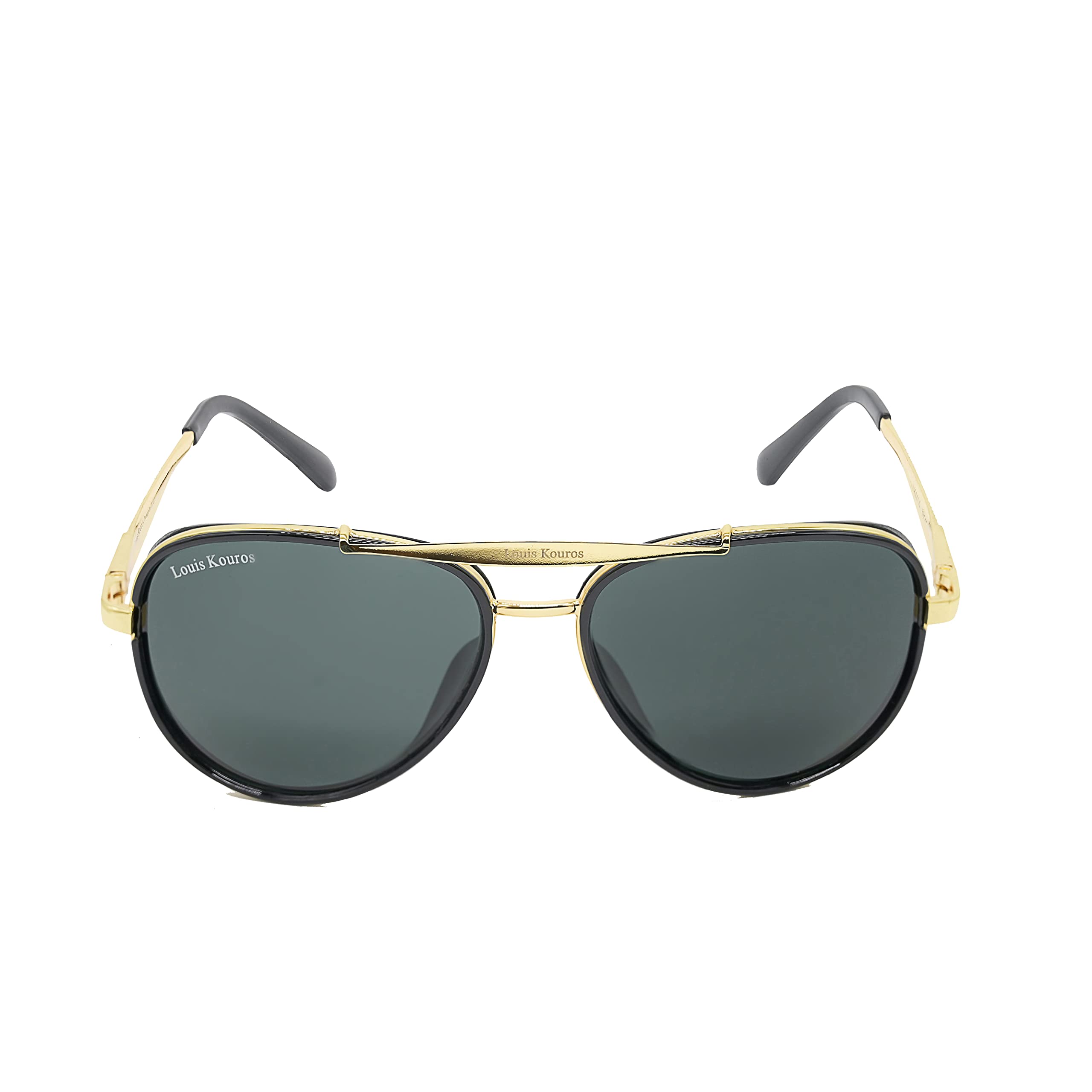 Louis Kouros Cherokee Aviator Classic 4414 sunglasses | Gold Frame | Black Lens | Mirror Lens | 400 UV Protected | For Men & Women | Medium