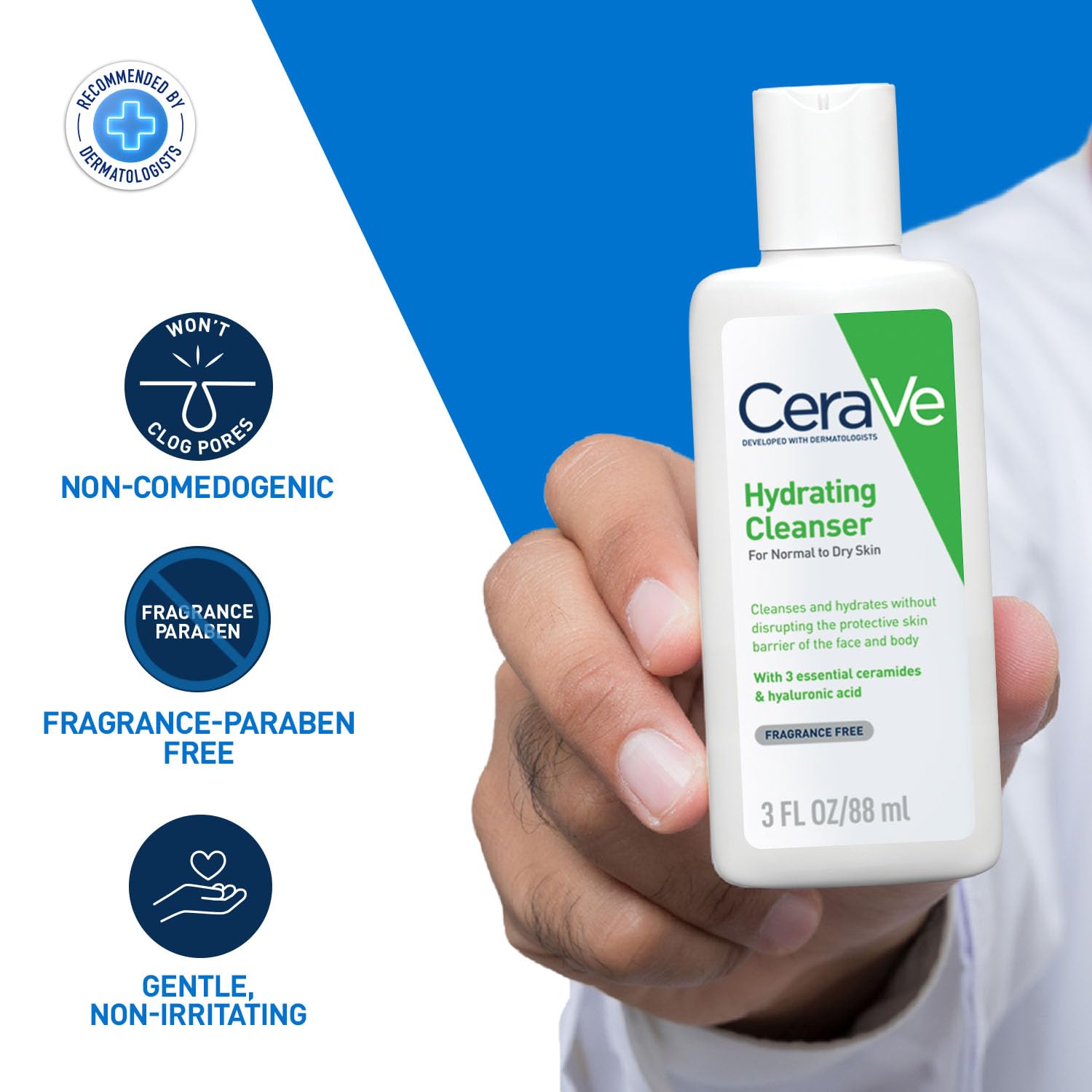 CeraVe Hydrating Cleanser For Normal To Dry Skin (88ml) - Non-Foaming Face Wash with Hyaluronic Acid And Ceramides | Non-Comedogenic, Non-Irritating And Fragrance-Free Cleanser