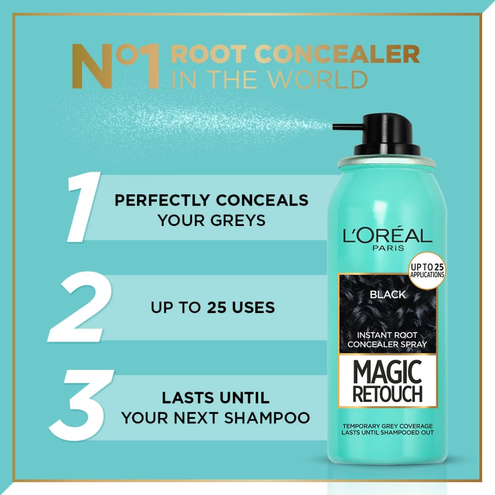 L'Oréal Paris Instant Root Concealer Spray, Ideal for Touching Up Grey Root Regrowth, Magic Retouch, 1 Black, 75ml