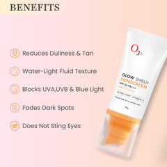 O3+ Glow Shield Sunscreen SPF 50 PA+++ (50gm) | Lightweight Cream | No White Cast | Sunscreen For Oily Skin, Dry Skin | For Women & Men