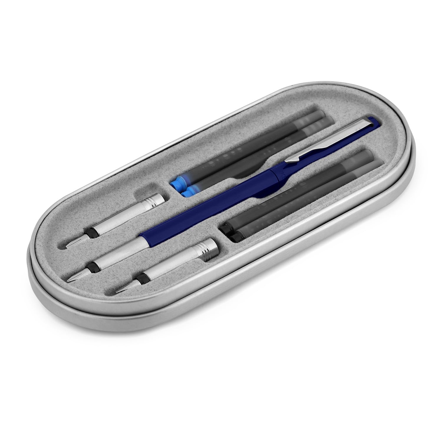 Parker Vector Standard Chrome Trim Calligraphy Fountain Pen | 7-Piece Set containts 2 Nibs, 2 Blue & 2 Black Ink Cartridges | Ideal for Creative Writing & Fine detailing