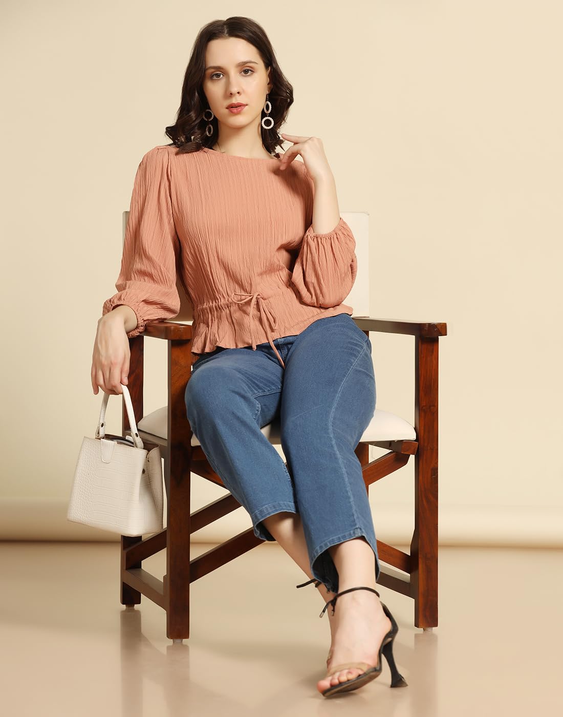 TAGAS Women's Solid Regular Fit Shirt (WT-701-PEACH) | Women's Satin Bubble Long Sleeve Top - Apparel from TAGAS - Shop in Sri Lanka at Arcade.lk