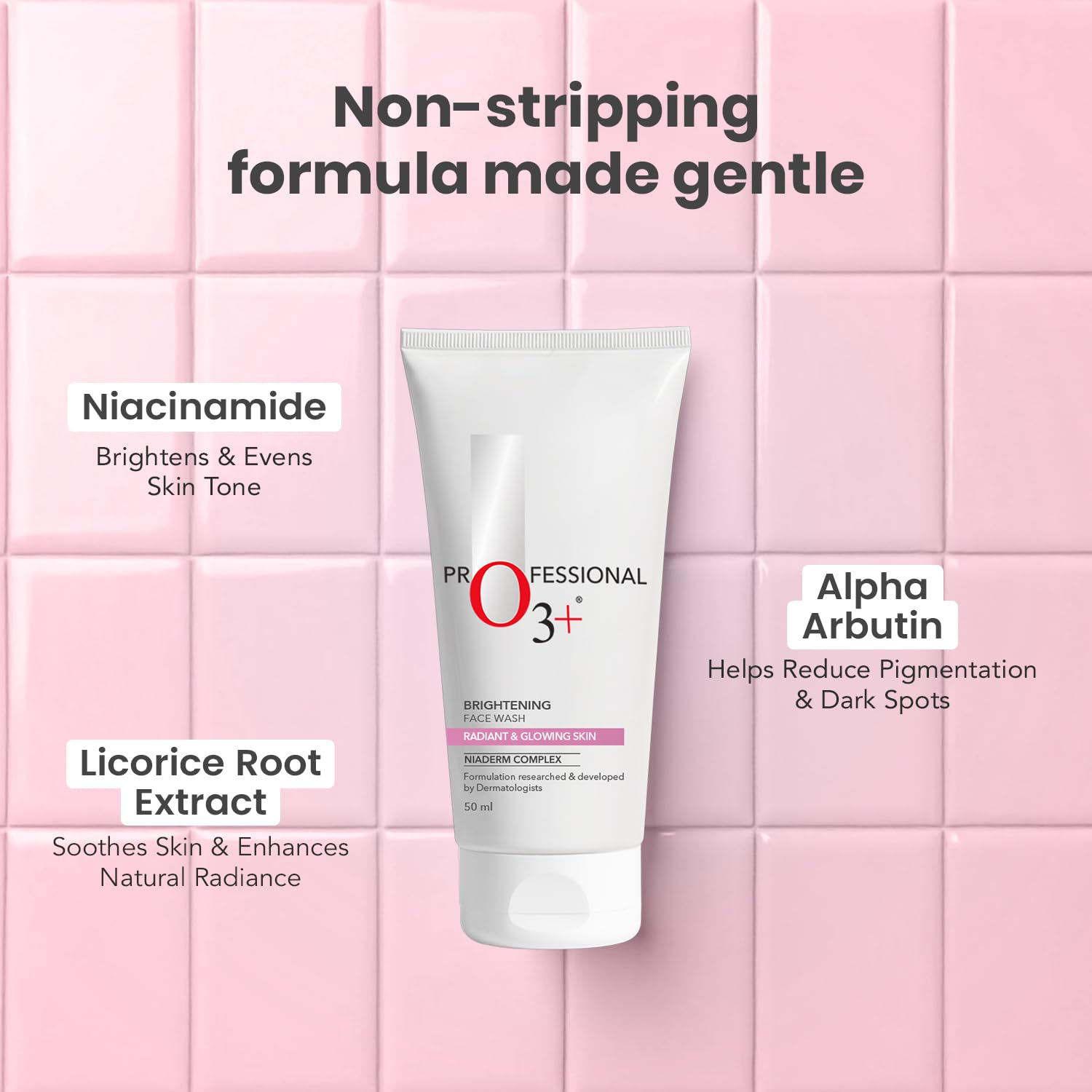 O3+ Brightening Face Wash for Glowing Skin | Removes Tan & Dullness | Niacinamide, Aloe & Cucumber | Soap-Free, Hydrating Cleanser for Men & Women, 50 ml