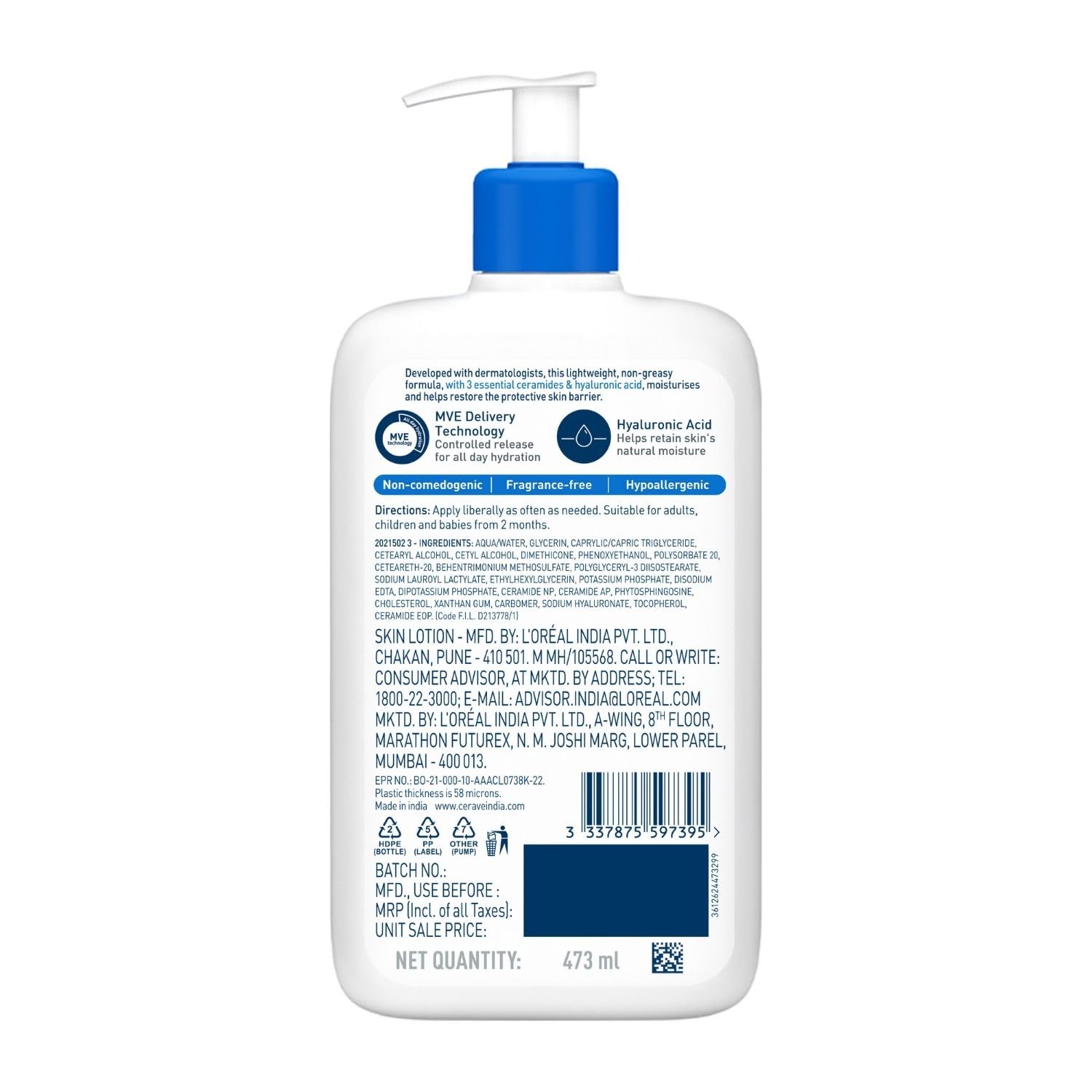 CeraVe Moisturizing Lotion For Normal to Dry Skin (473ml) - Formulated With 3 Essential Ceramides And Hyaluronic Acid | Non-Comedogenic, Oil Free And Fragrance-Free Body Lotion