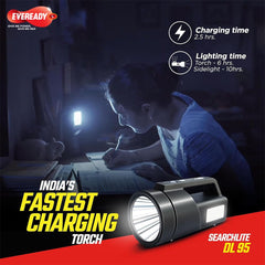 Eveready SEARCHLITE DL95, Kissan Torch, Rechargeable 4W Torch Cum 4W Emergency Sidelight, Type-C USB Fast Charging, Glow-in-The-Dark Strip, Overcharge & Deep Discharge Protection