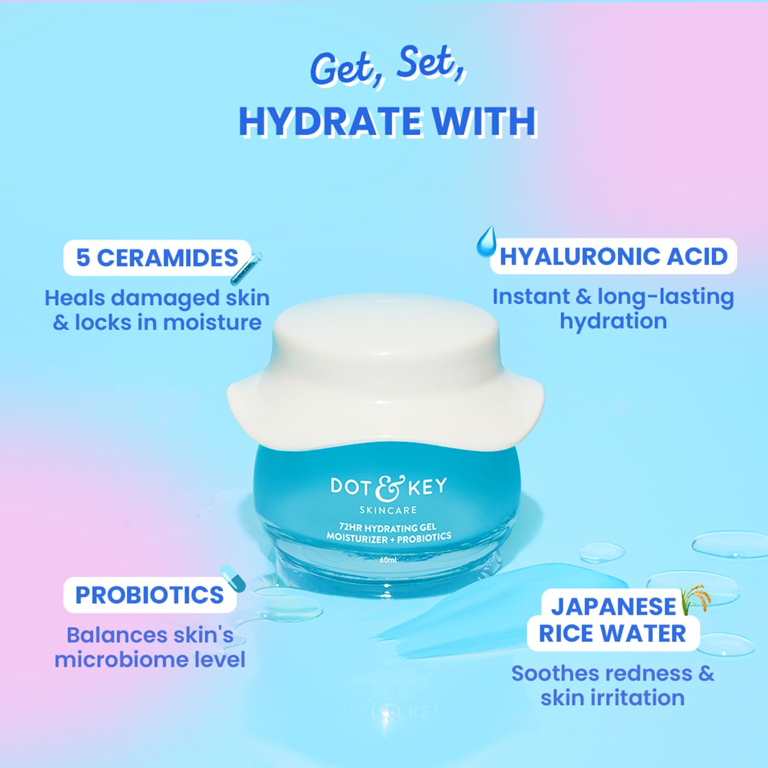 DOT & KEY 72Hr Hydrating Gel + Probiotics Moisturizer For Face With Hyaluronic Acid, Kombucha & Rice Water Lightweight Gel Oil Free Moisturizer | For Oily, Dull & Uneven Skin Tone | 60Ml