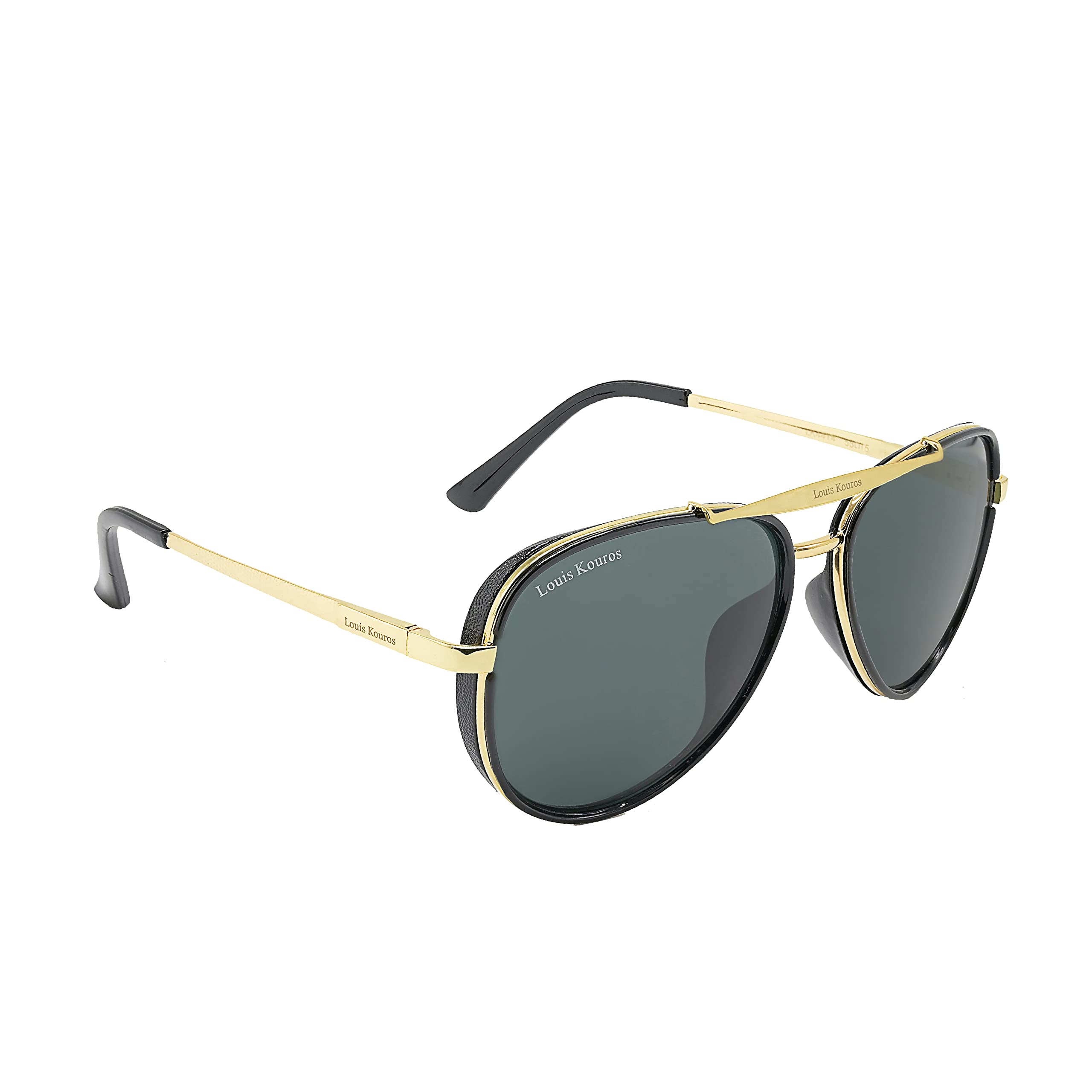 Louis Kouros Cherokee Aviator Classic 4414 sunglasses | Gold Frame | Black Lens | Mirror Lens | 400 UV Protected | For Men & Women | Medium
