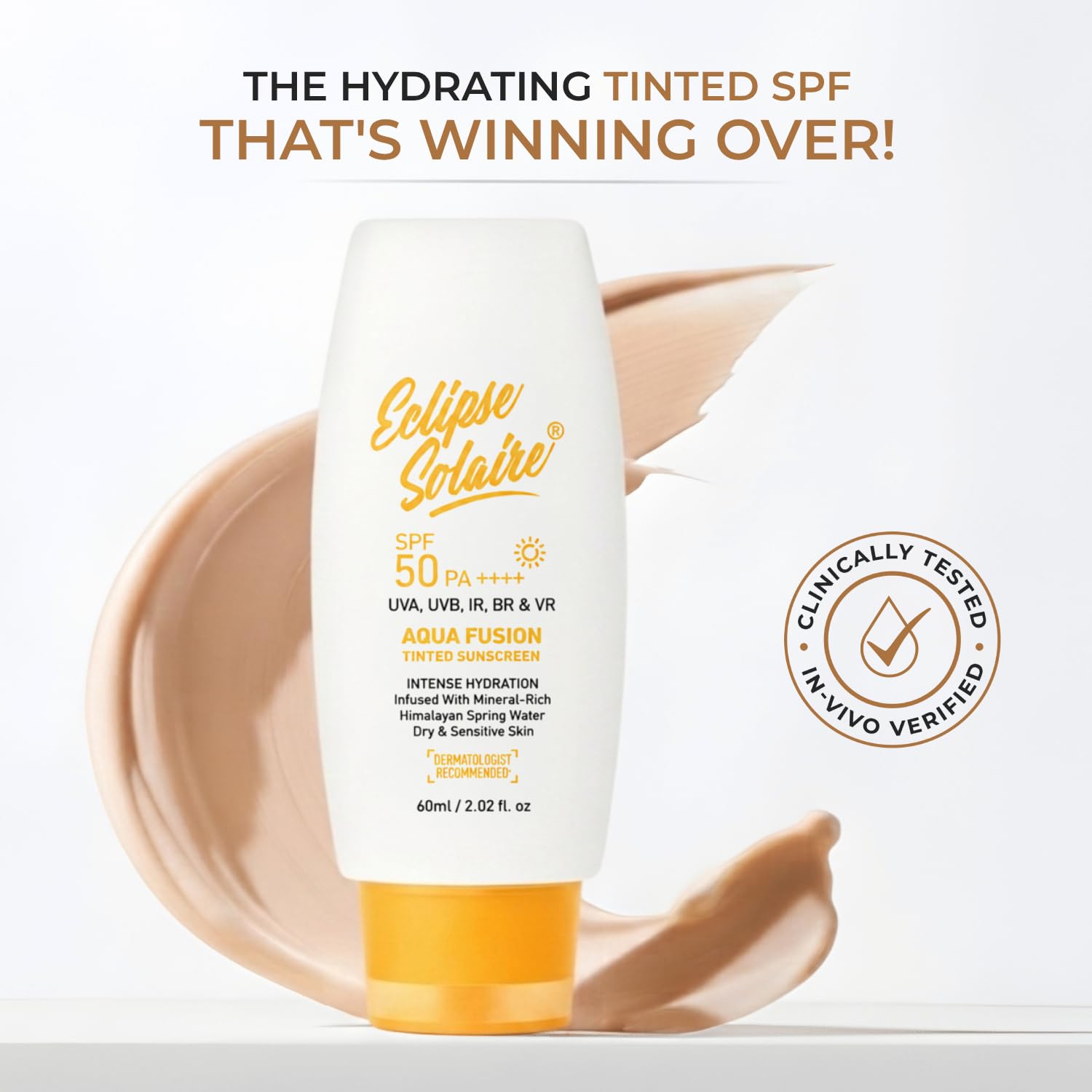 Eclipse Solaire Aqua Fusion Sunscreen SPF50 | 5X Protection with SPF 50 PA++++ | Infused with Himalayan Spring Water | Non-Greasy, For All Skin Types – 60ml