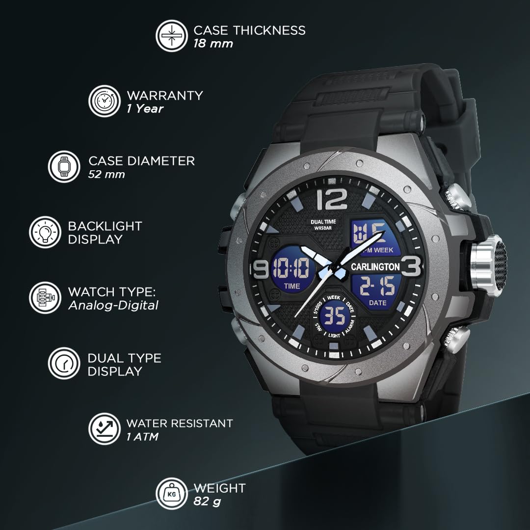 Carlington Resin Endurance Analog-Digital Sports Watch For Men And Boys - Ct 9105 Black