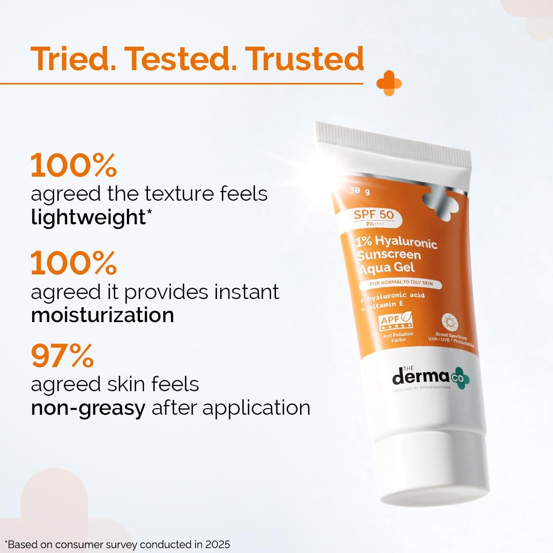 The Derma Co 1% Hyaluronic Sunscreen Aqua Gel SPF 50 PA++++ | Hydrating, Lightweight & Non-Greasy | No White Cast | Broad Spectrum & Blue Light Protection | PPD-39 | 30 g
